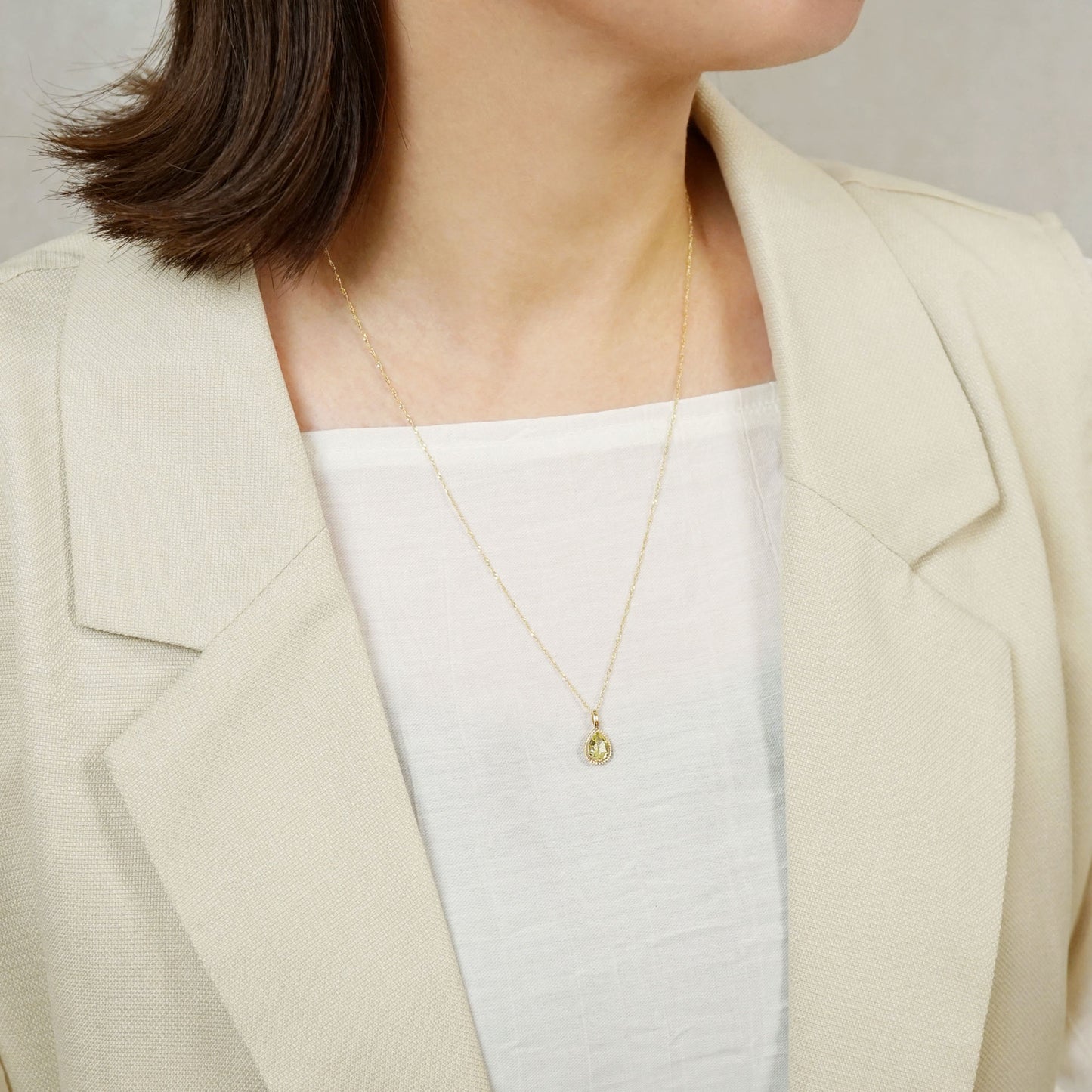 10K Lemon Quartz Drop Necklace Charm (Yellow Gold) - Model Image
