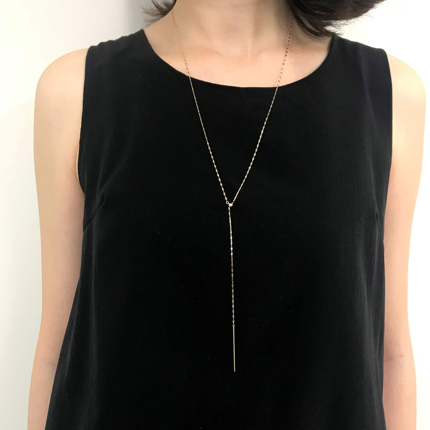 10K Yellow Gold Y-Shaped Chain Bar Long Necklace - Model Image