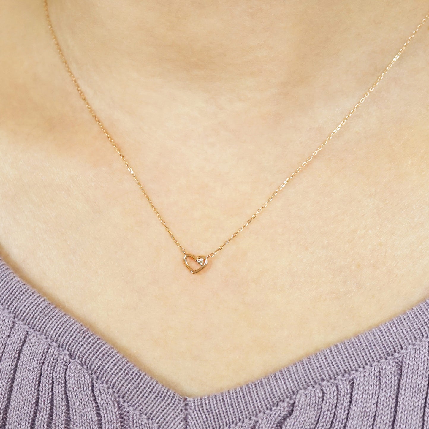 10K Diamond Petit Heart Necklace (Rose Gold) - Model Image