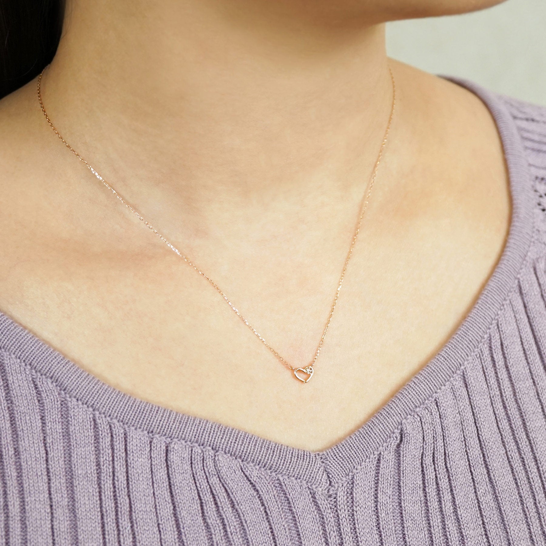 10K Diamond Petit Heart Necklace (Rose Gold) - Model Image