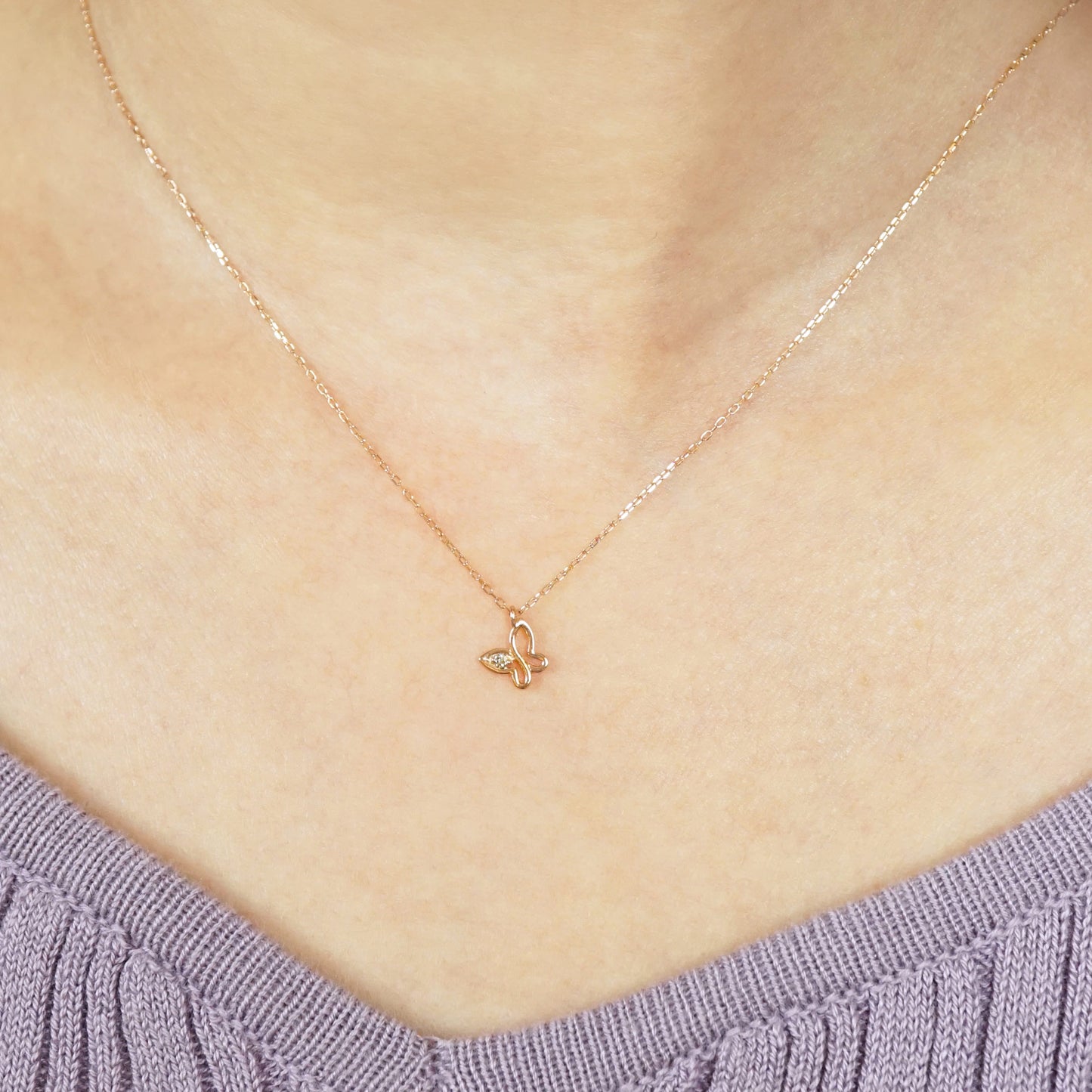10K Diamond Petit Butterfly Necklace (Rose Gold) - Model Image