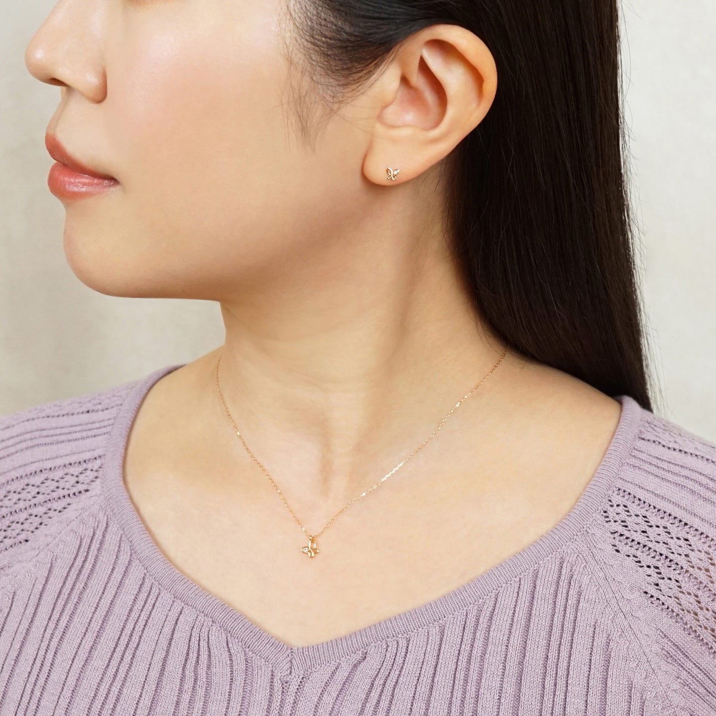 10K Diamond Petit Butterfly Necklace (Rose Gold) - Model Image