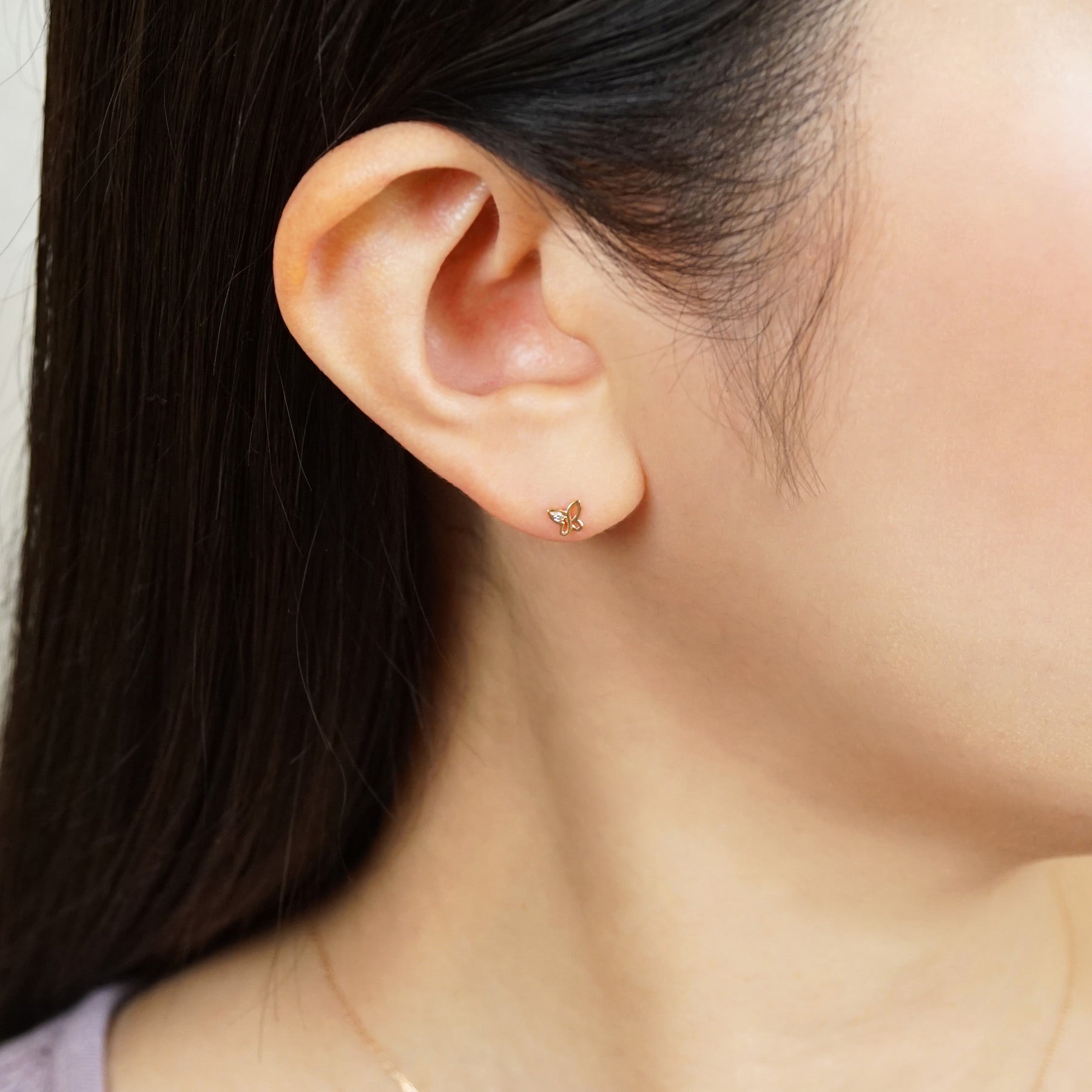 18K/10K Diamond Petit Butterfly Earrings (Rose Gold) - Model Image