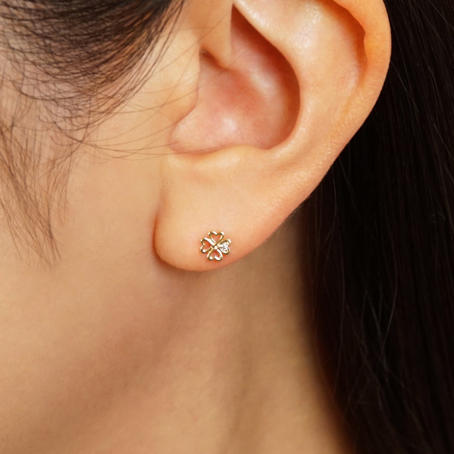 18K/10K Diamond Petit Clover Earrings (Yellow Gold) - Model Image
