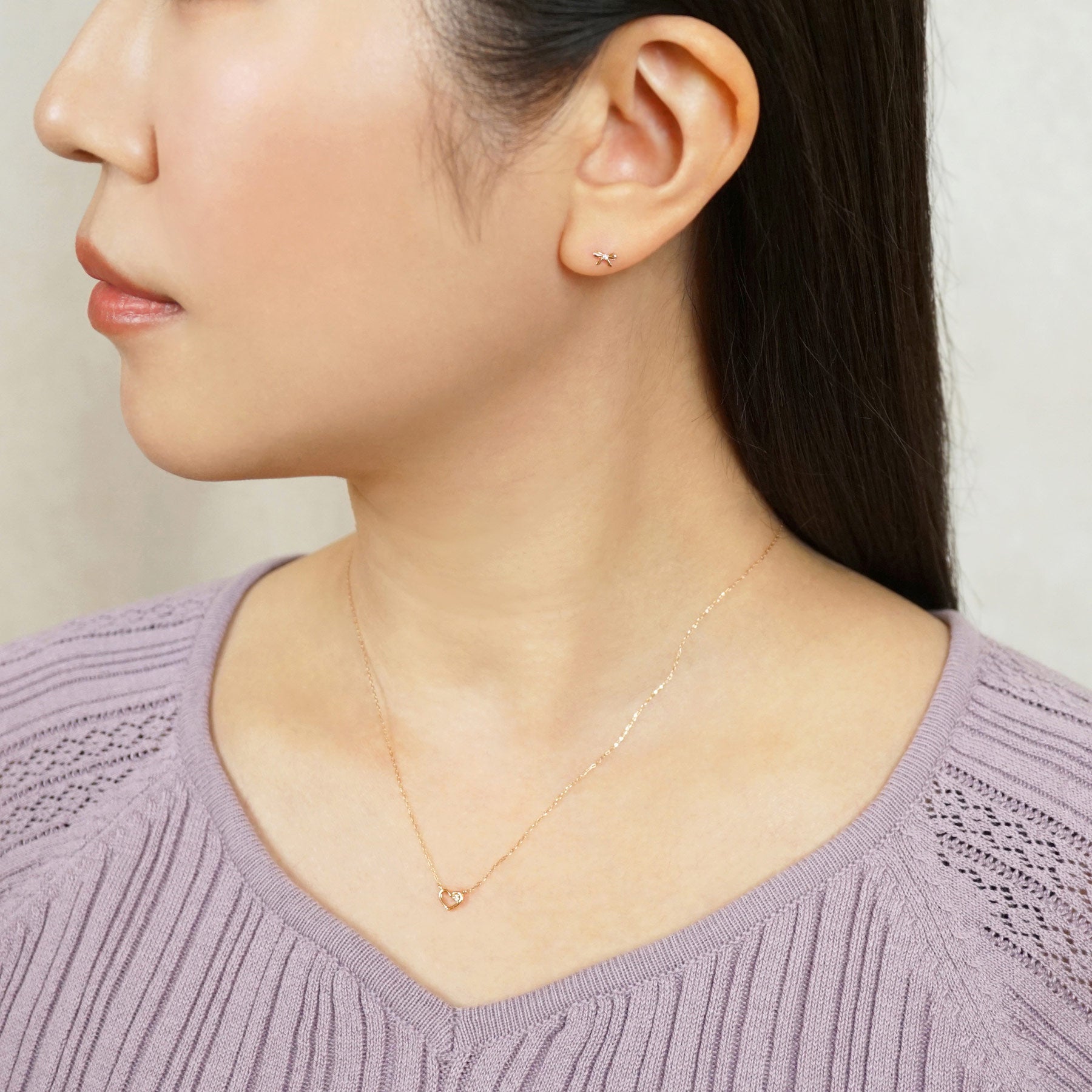 18K/10K Diamond Petit Ribbon Earrings (Rose Gold) - Model Image