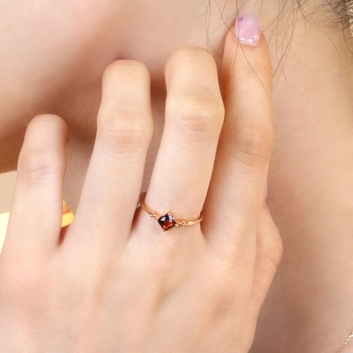 10K Rose Gold Square Garnet Ring - Model Image