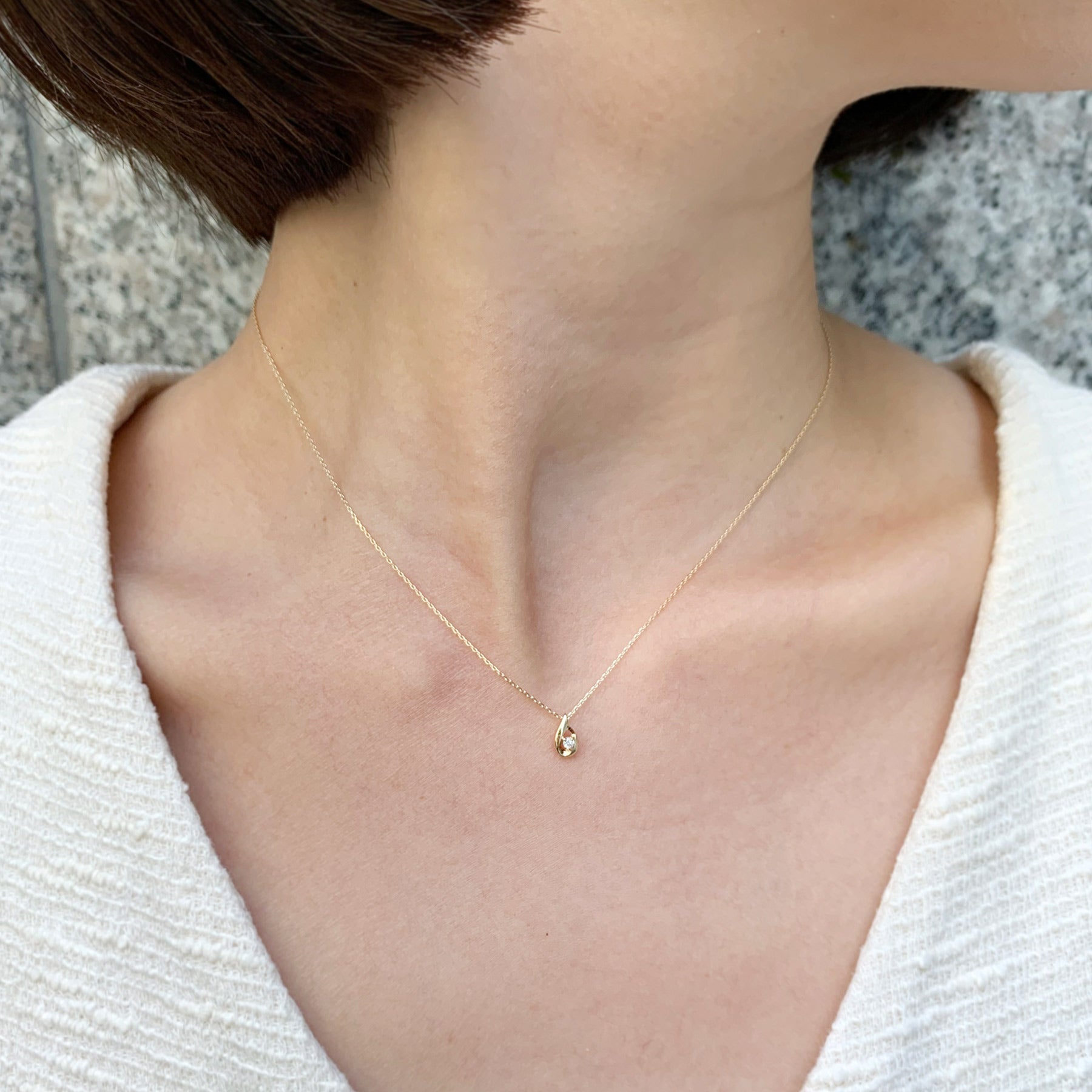 Diamond Drop Petite Necklace (10K Yellow Gold) - Model Image