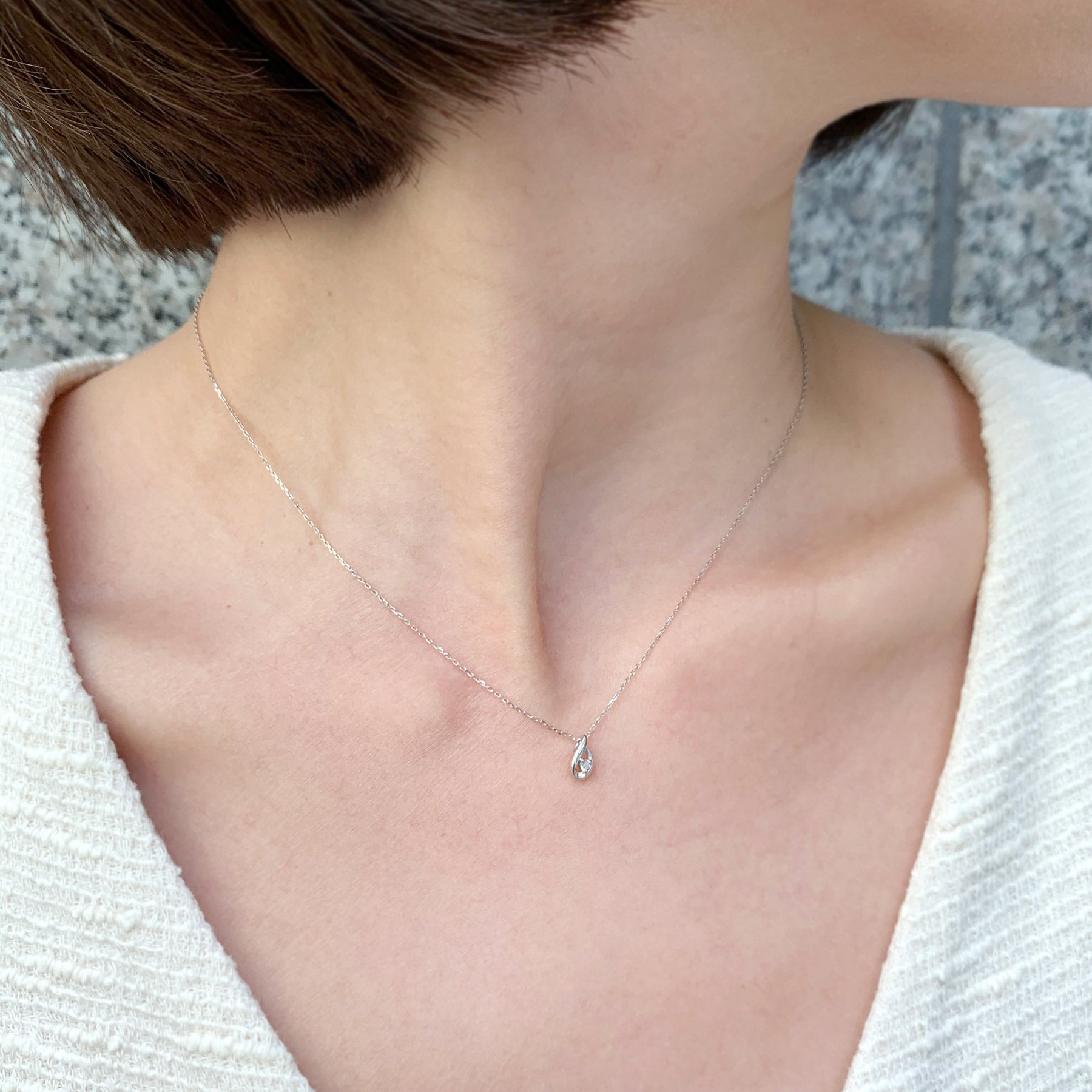 Diamond Drop Petite Necklace (10K White Gold) - Model Image