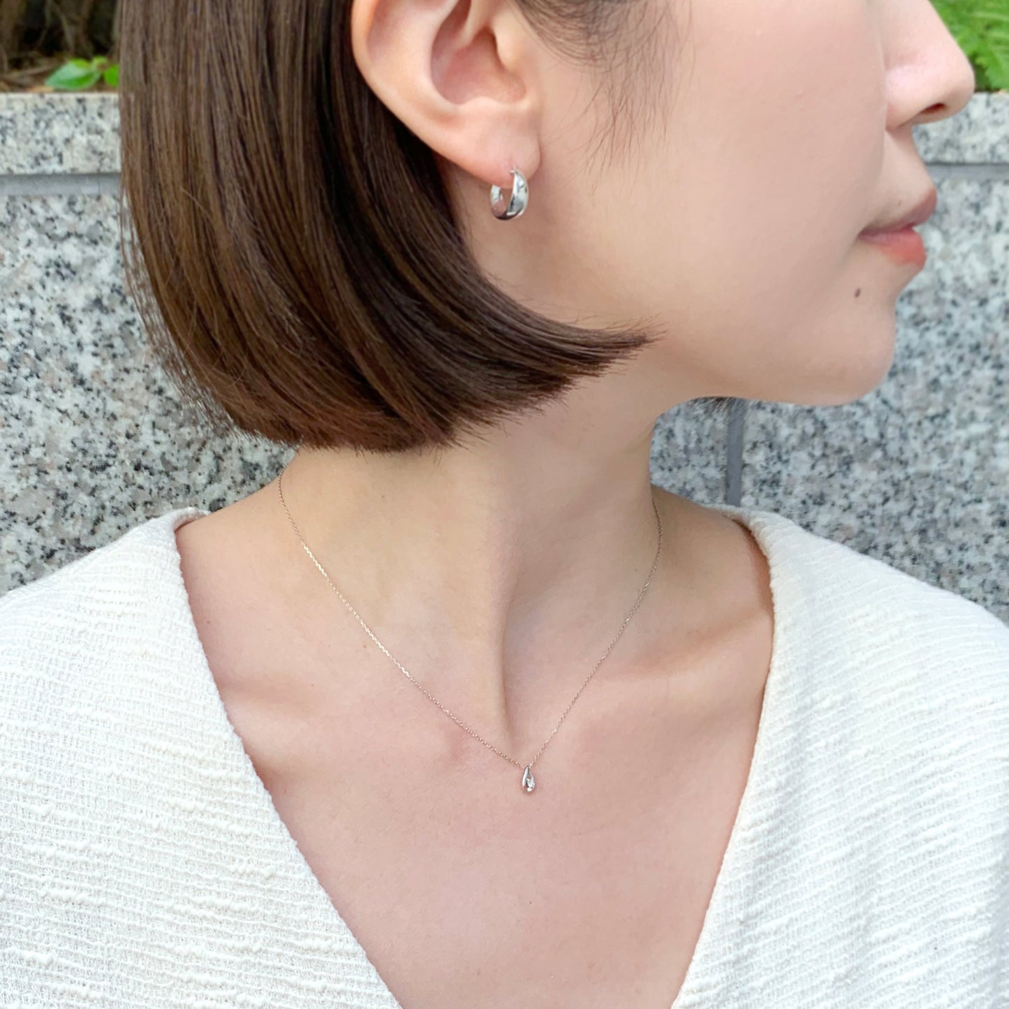 Diamond Drop Petite Necklace (10K White Gold) - Model Image