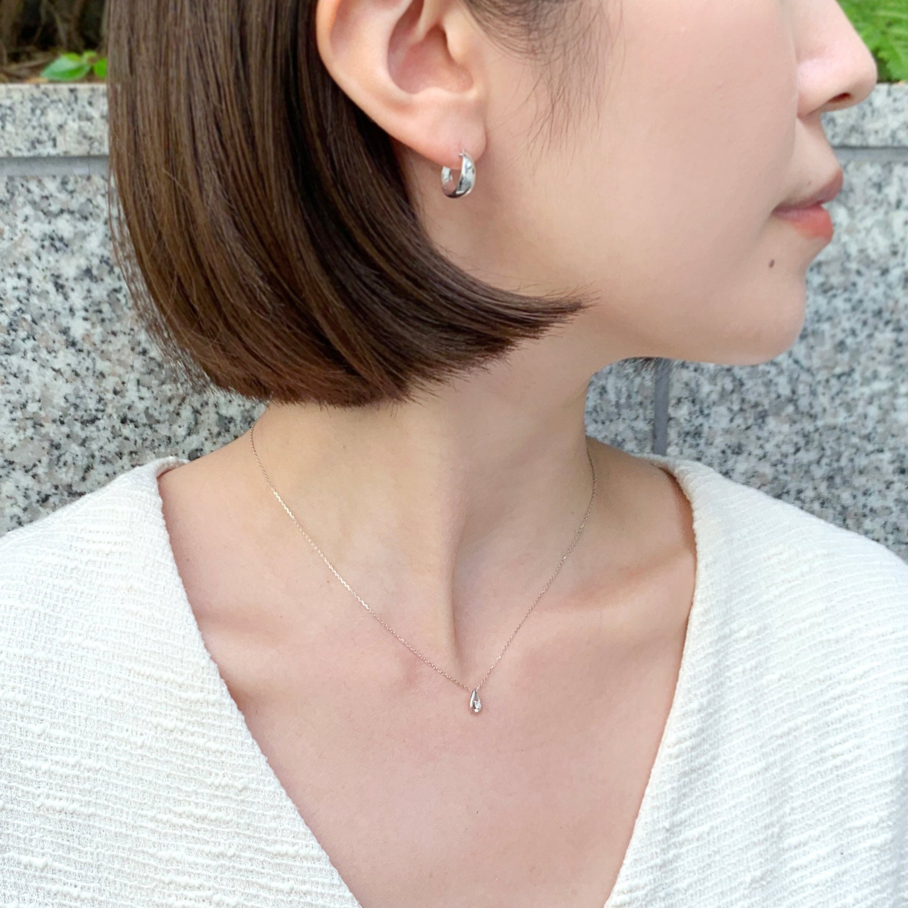 Diamond Drop Petite Necklace (10K White Gold) - Model Image