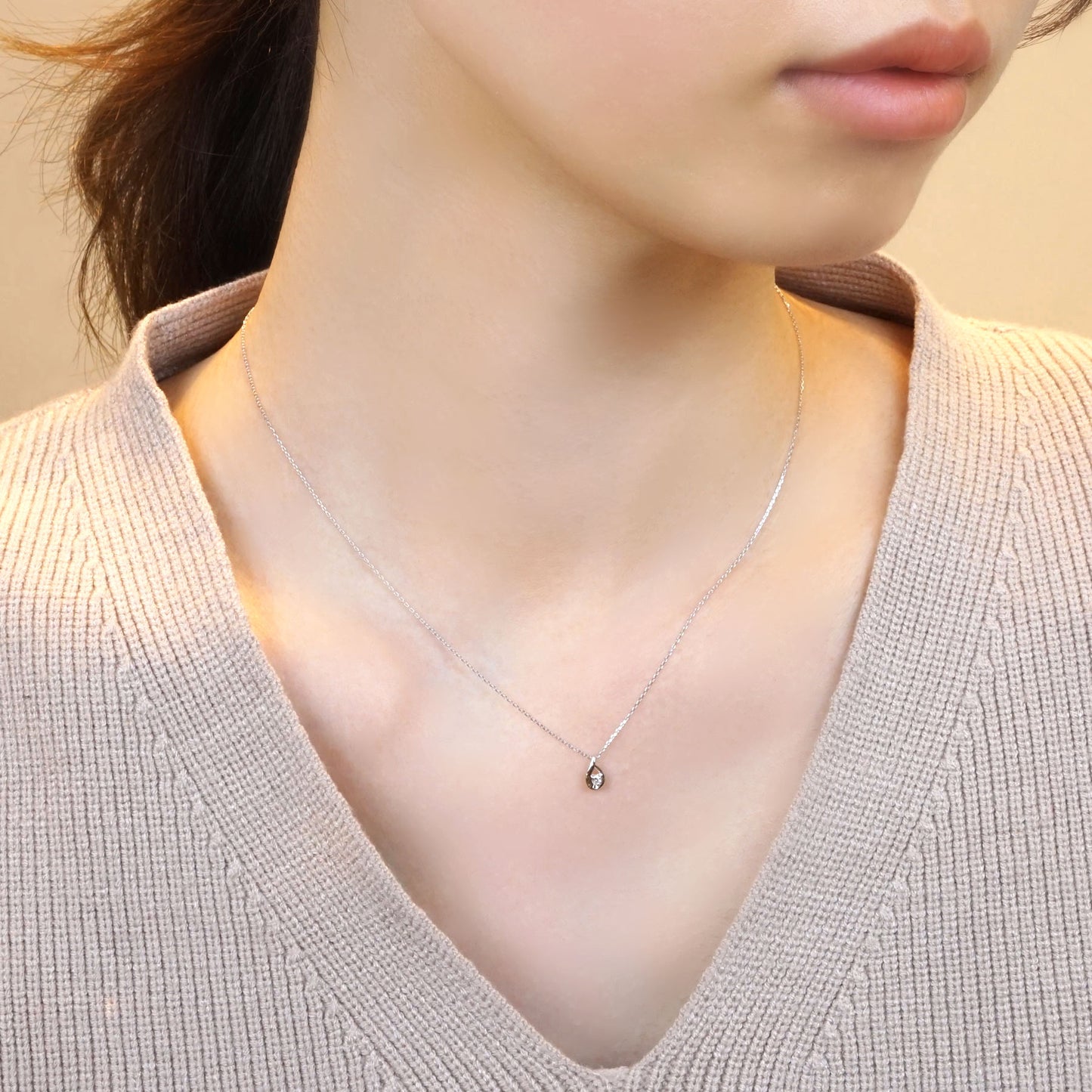 Diamond Drop Petite Necklace (10K White Gold) - Model Image