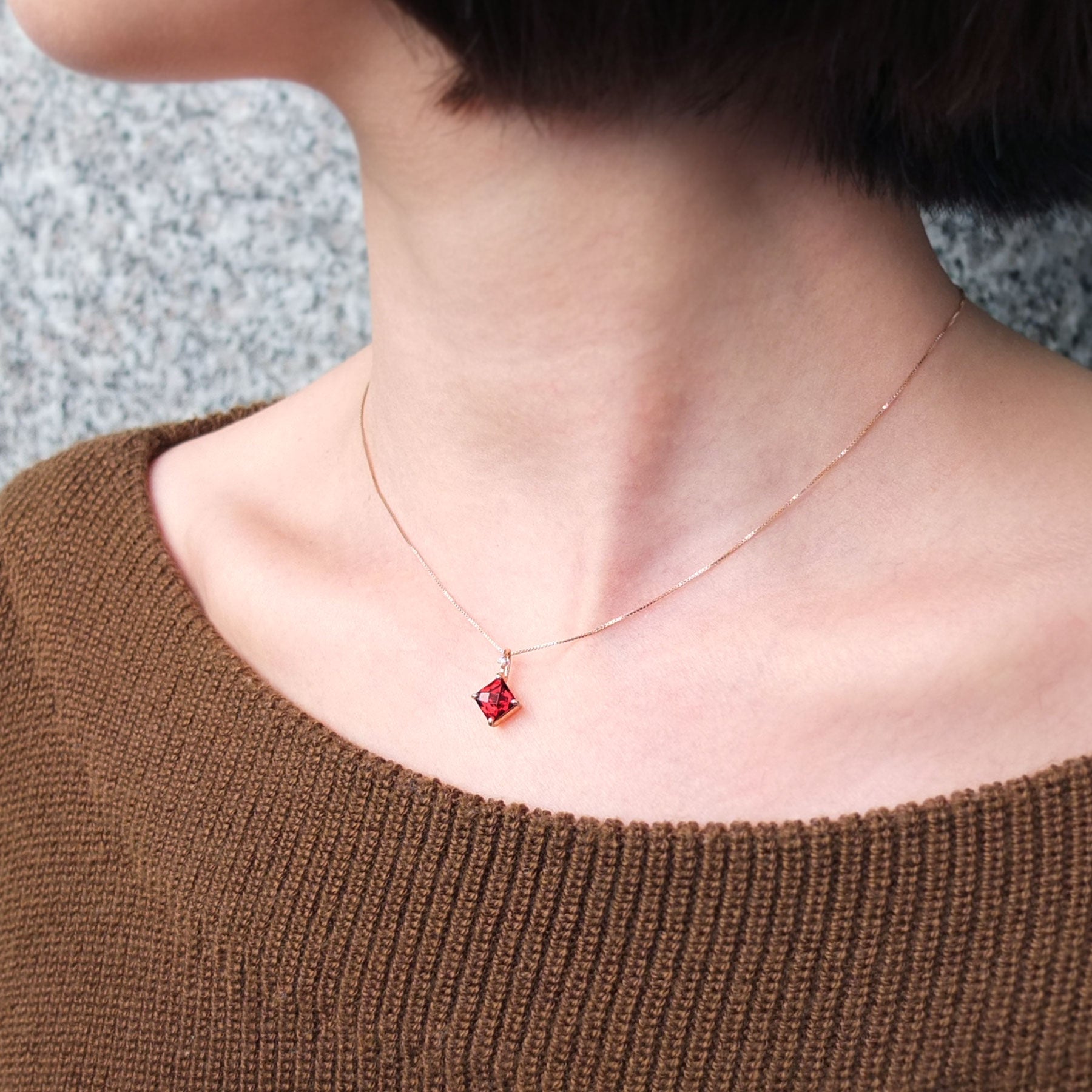 Garnet Square Necklace (10K Rose Gold) - Model Image