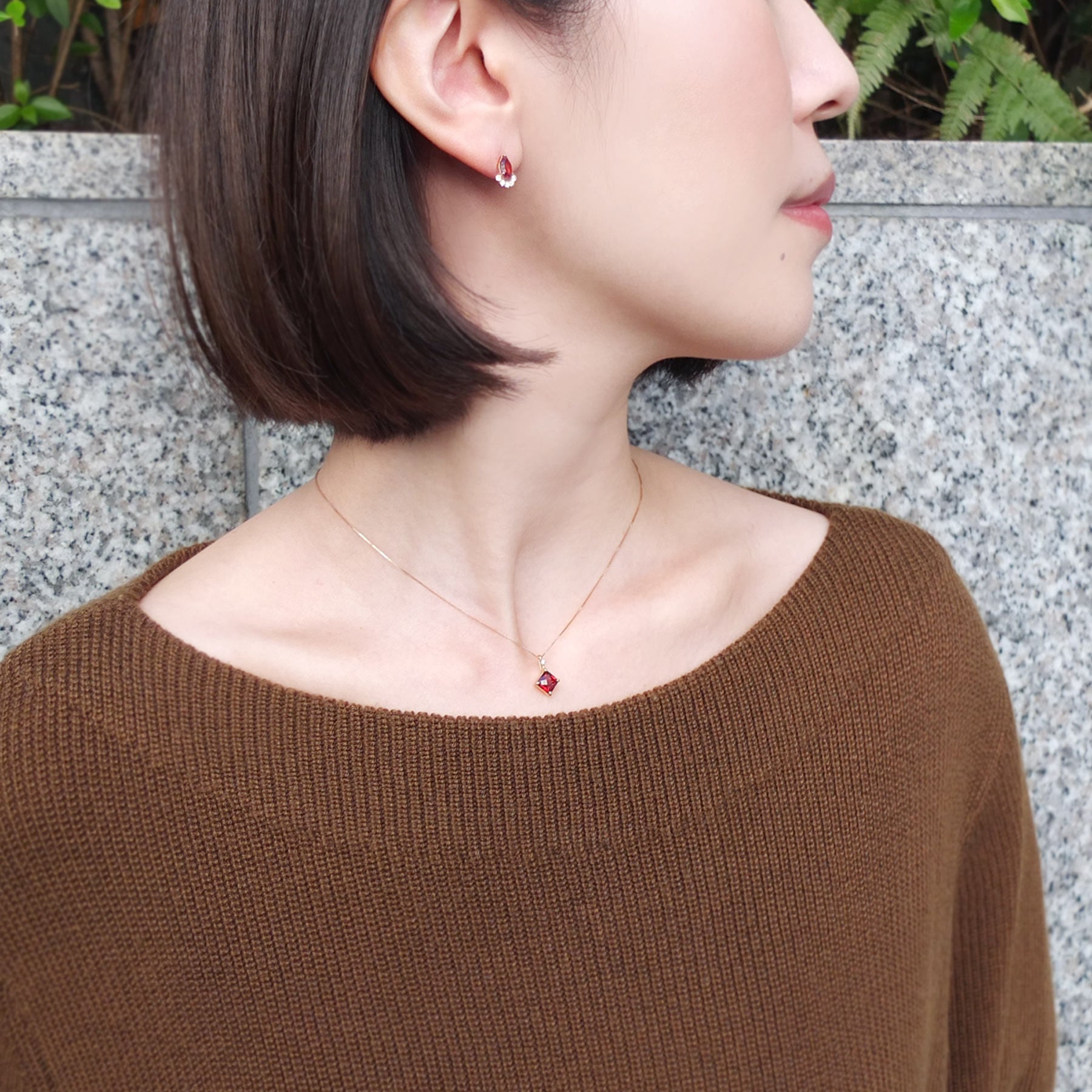 Garnet Square Necklace (10K Rose Gold) - Model Image