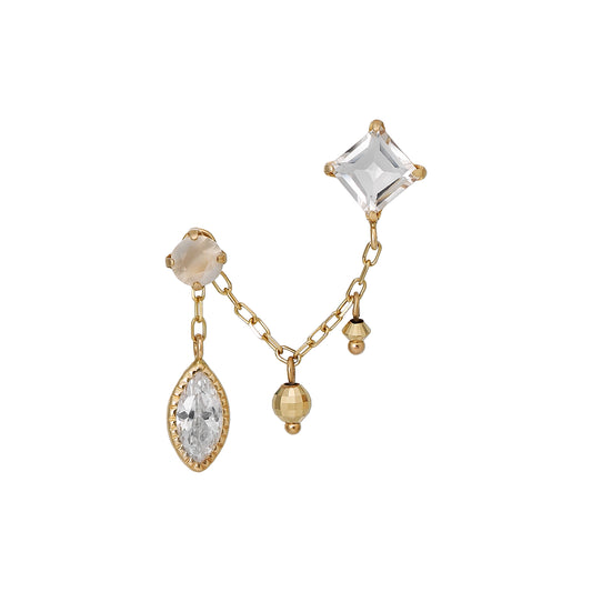 18K/10K White Topaz Double Piercing Chain Earrings (Yellow Gold) - Product Image