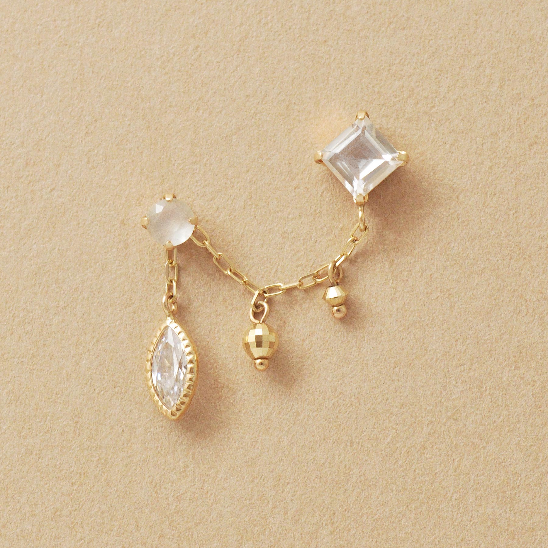 18K/10K White Topaz Double Piercing Chain Earrings (Yellow Gold) - Product Image