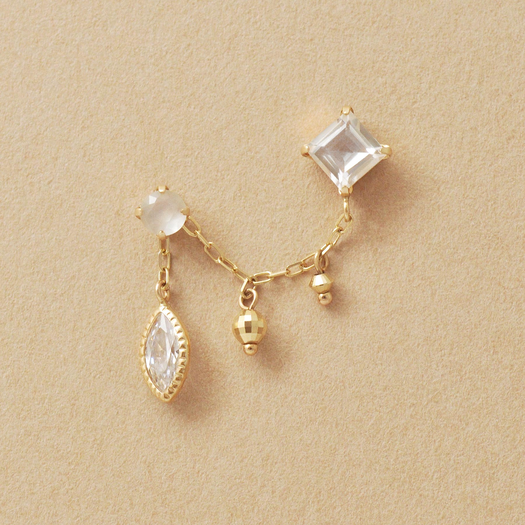18K/10K White Topaz Double Piercing Chain Earrings (Yellow Gold) - Product Image