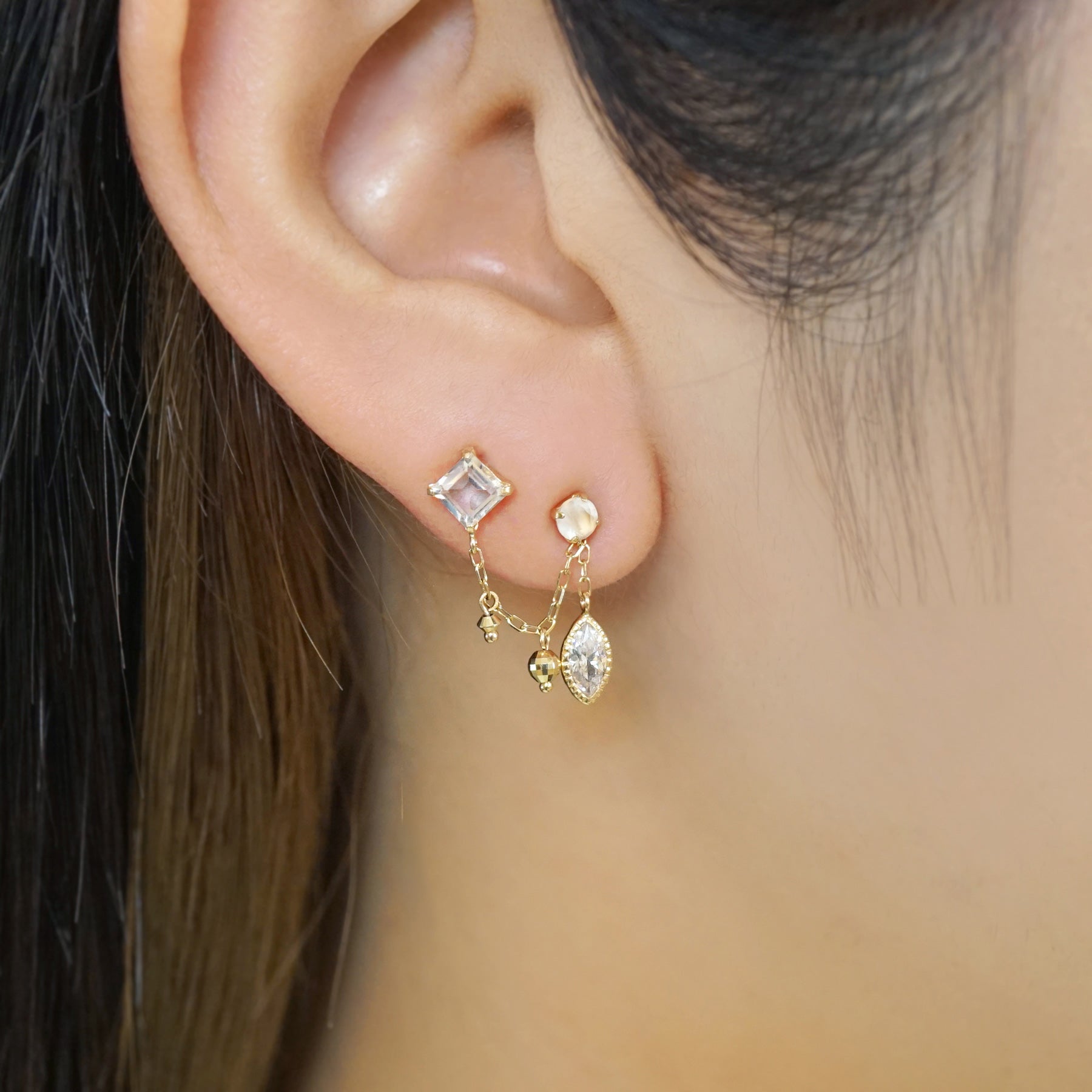 18K/10K White Topaz Double Piercing Chain Earrings (Yellow Gold) - Model Image