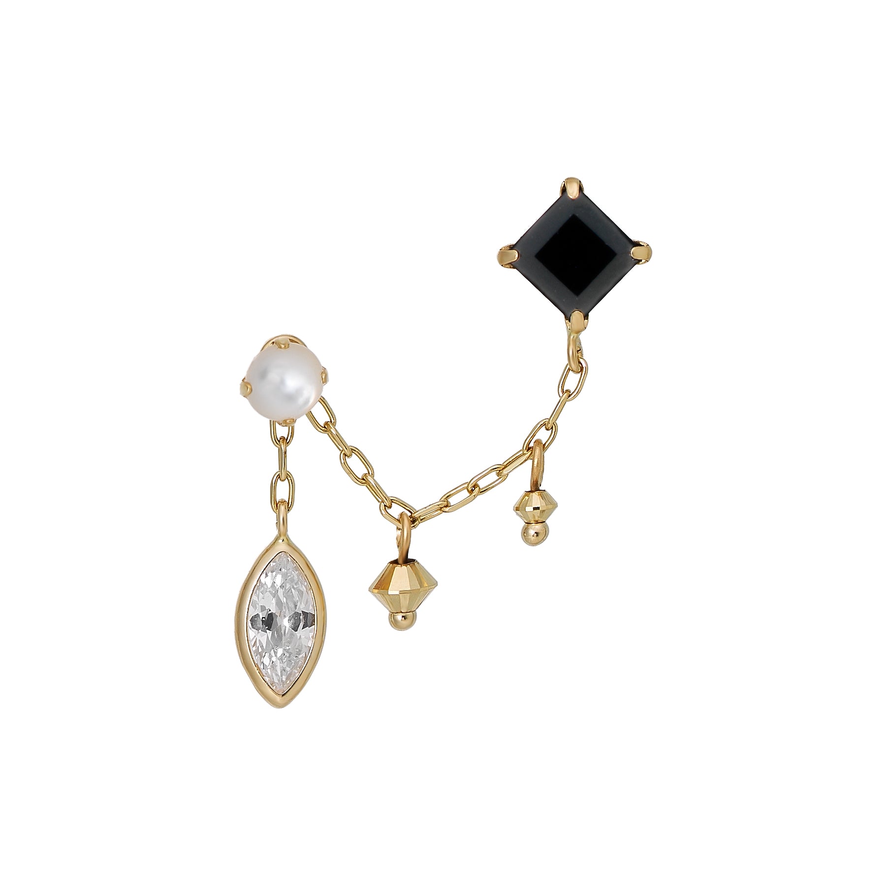 18K/10K Onyx Double Piercing Chain Earrings (Yellow Gold) - Product Image