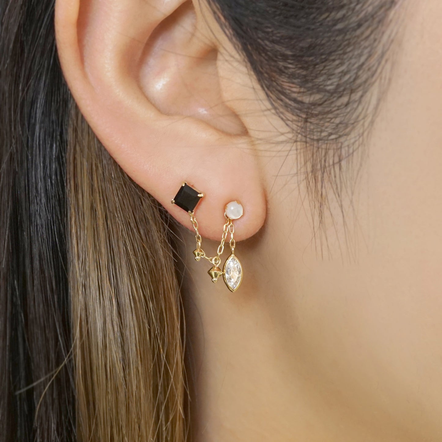 18K/10K Onyx Double Piercing Chain Earrings (Yellow Gold) - Model Image