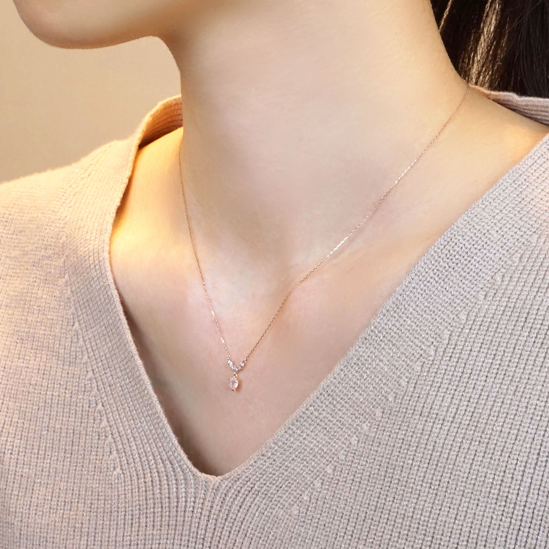 Rose Quartz Heart Necklace (10K Rose Gold) - Model Image