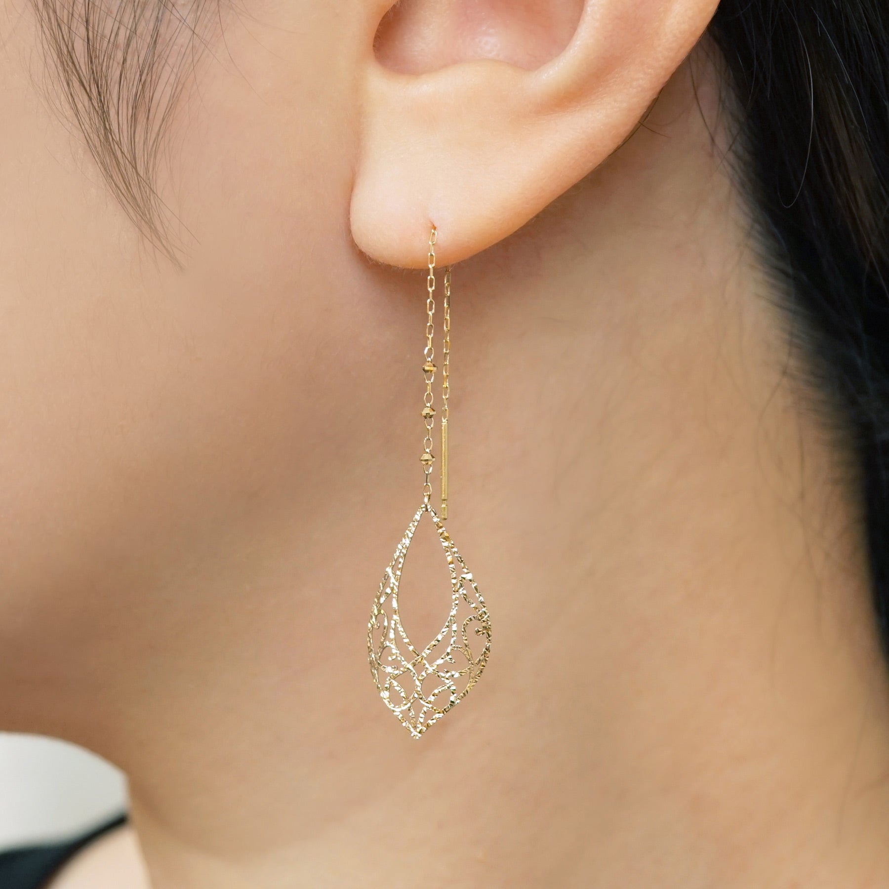 18K/10K Open Work Threader Earrings (Yellow Gold) - Model Image