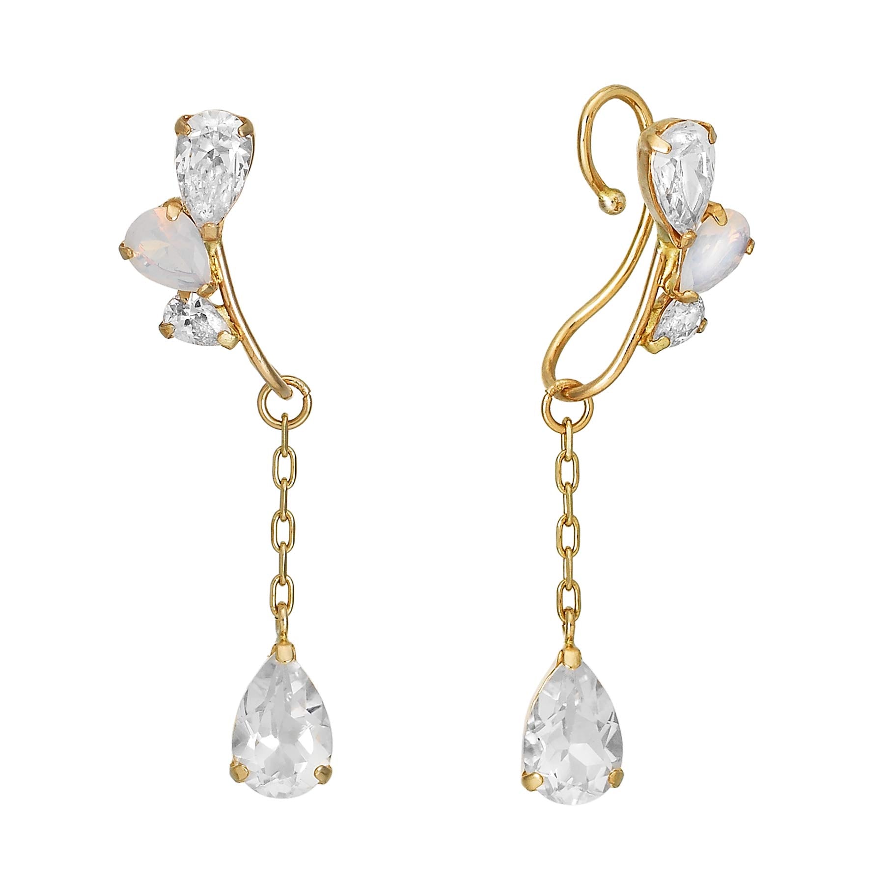 [Airy Clip-On Earrings] White Topaz Wing 2Way Earrings (10K Yellow Gold) - Product Image