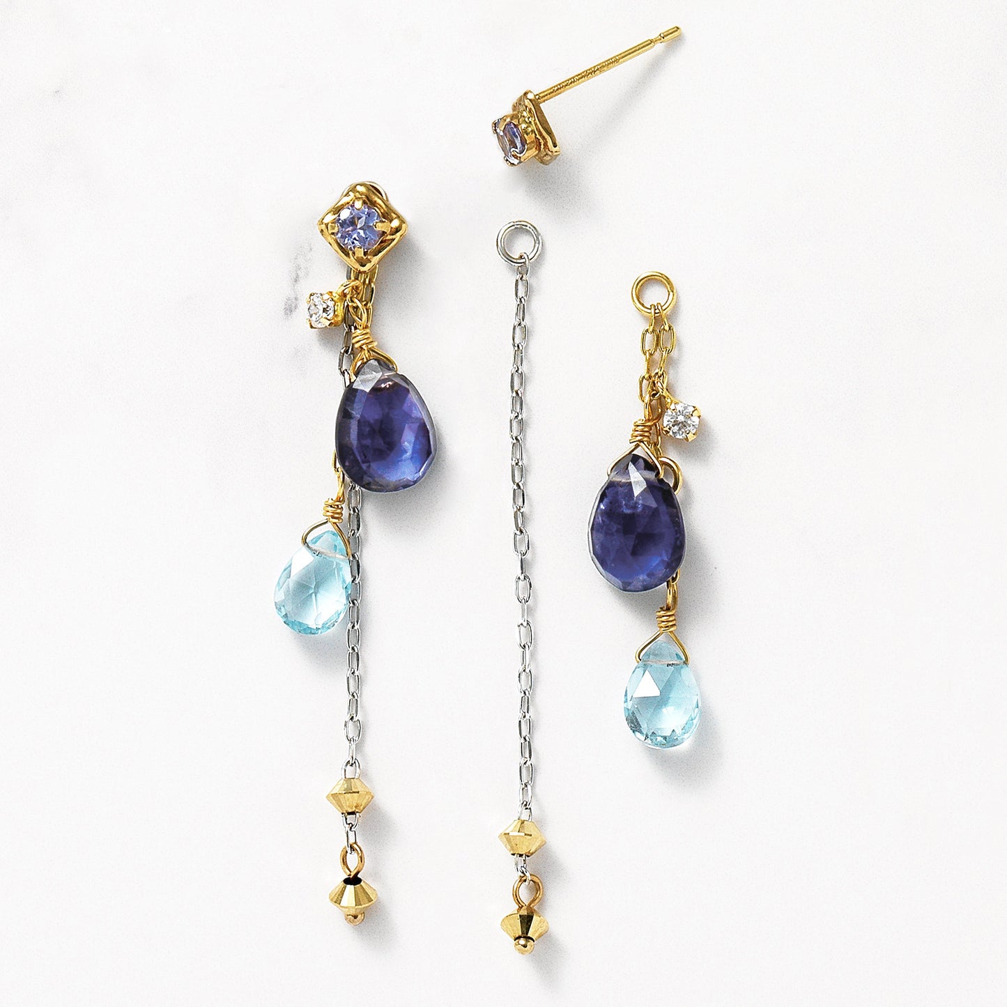 [Palette] 18K/10K Iolite x Blue Topaz Charm Set Earrings [Lake] (Yellow Gold / White Gold) - Product Image