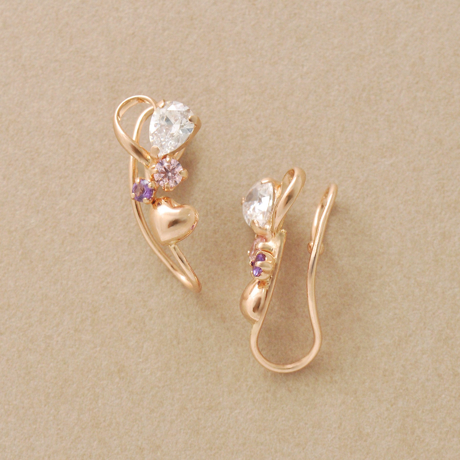 [Airy Clip-On Earrings] 10K Double Heart Earrings (Rose Gold) - Product Image