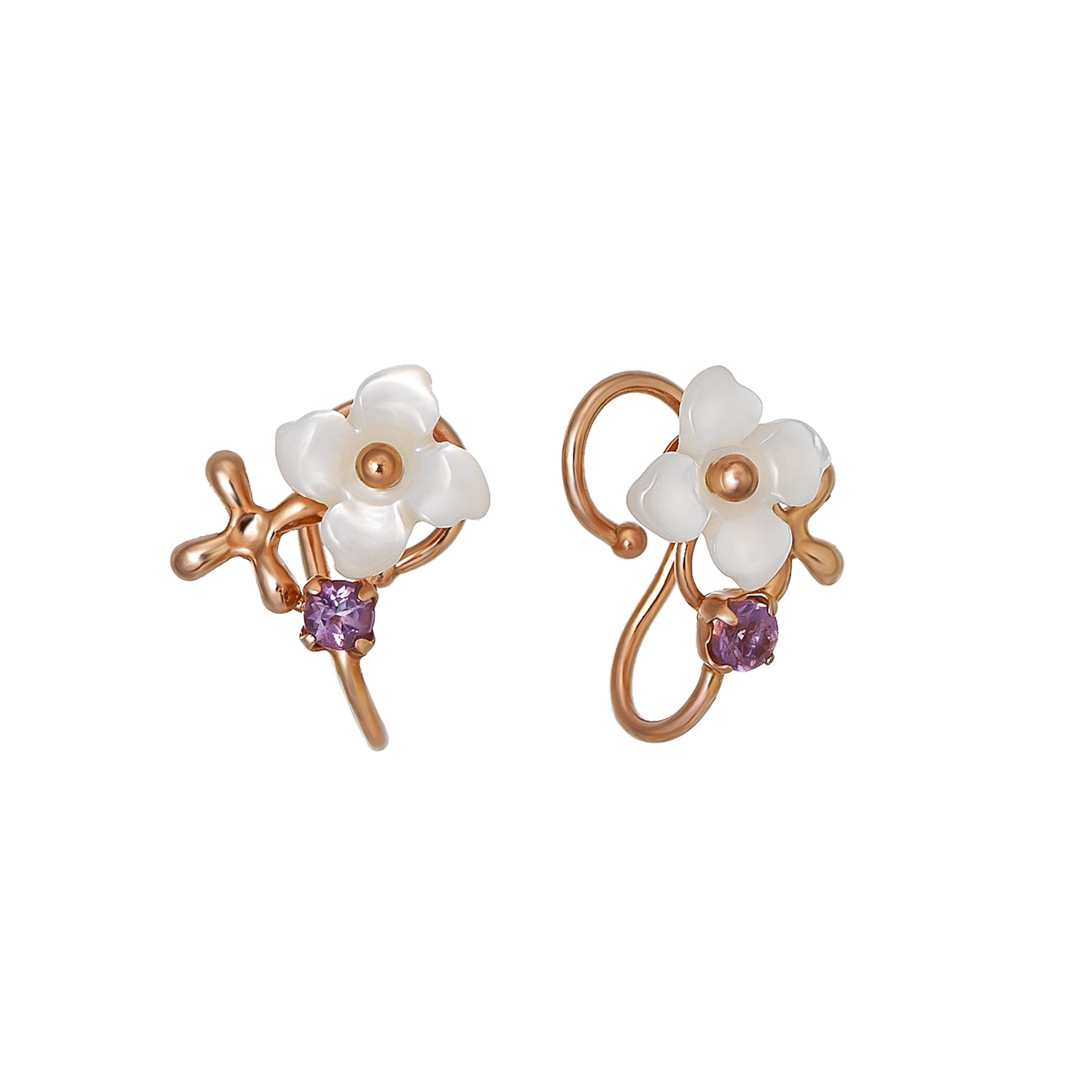 [Airy Clip-On Earrings] 10K White Shell Flower Earrings (Rose Gold) - Product Image