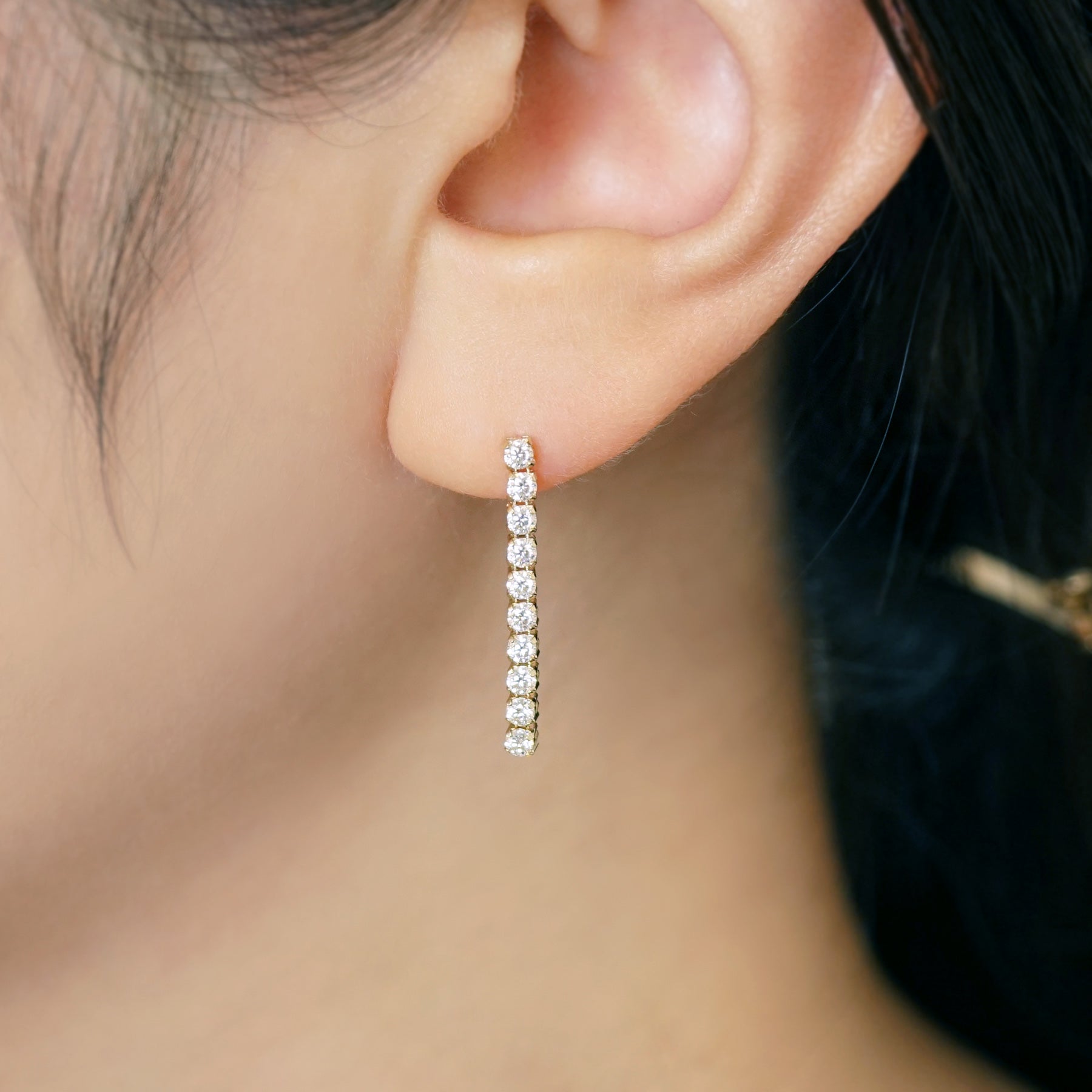 18K/10K Moissanite Tennis Chain Earrings (Yellow Gold) - Model Image