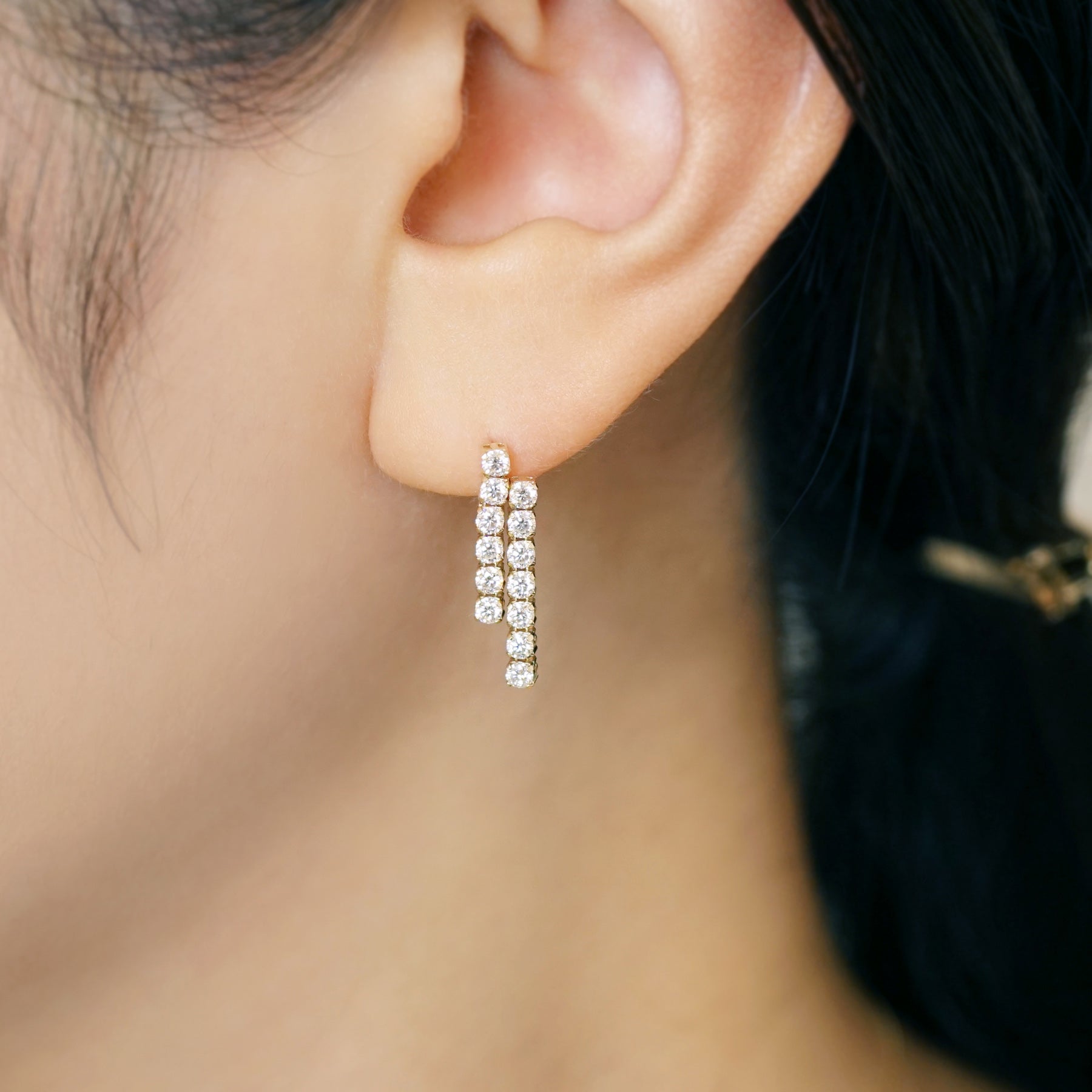 18K/10K Moissanite Double Tennis Chain Earrings (Yellow Gold) - Model Image