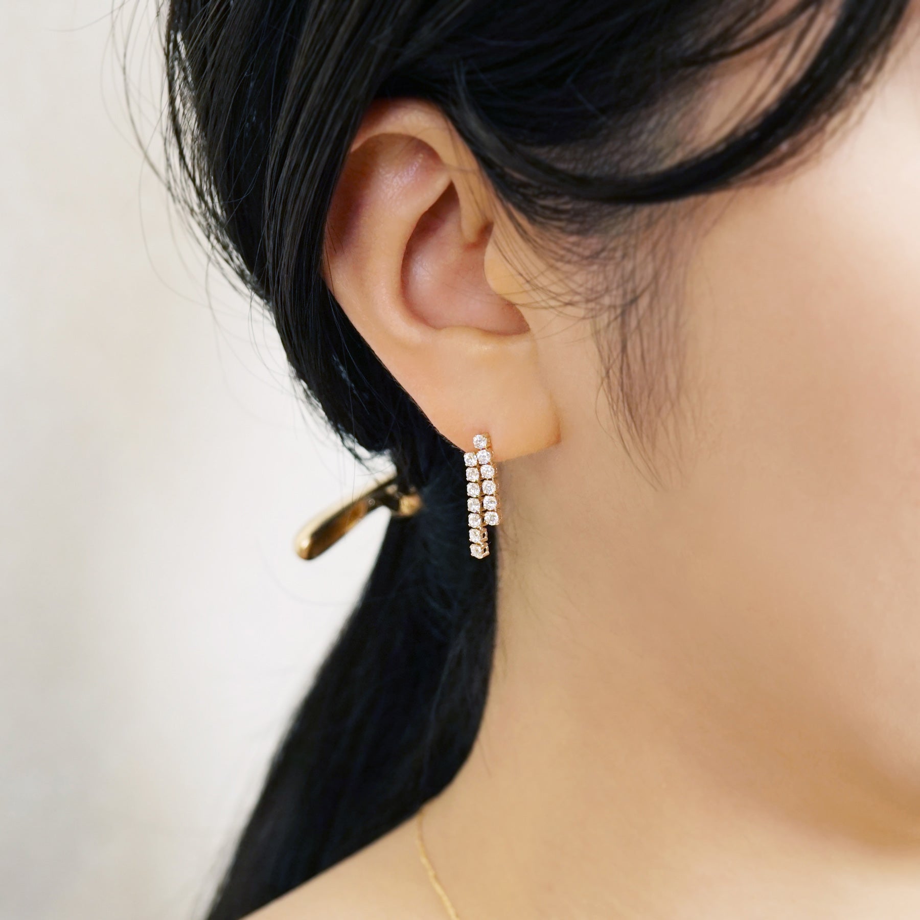 18K/10K Moissanite Double Tennis Chain Earrings (Yellow Gold) - Model Image