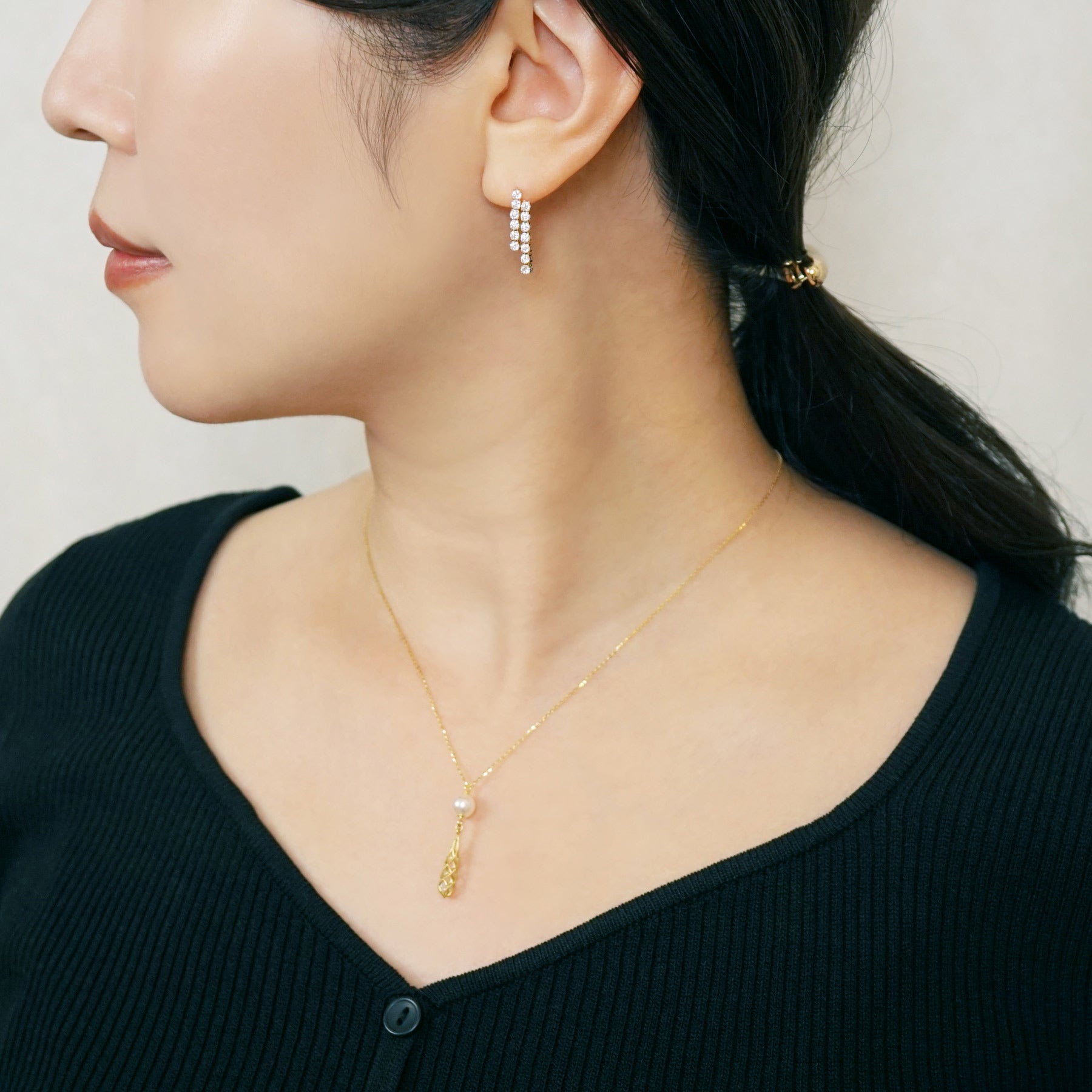 18K/10K Moissanite Double Tennis Chain Earrings (Yellow Gold) - Model Image