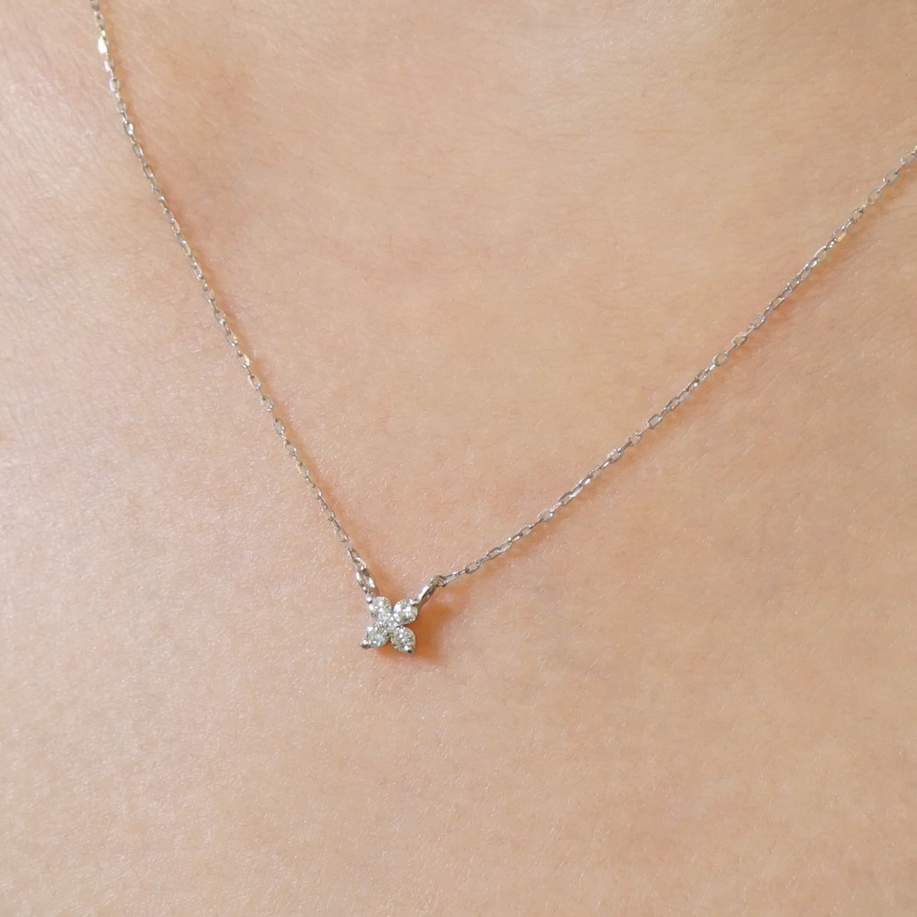 10K Diamond Mini Flower Necklace (White Gold) - Model Image