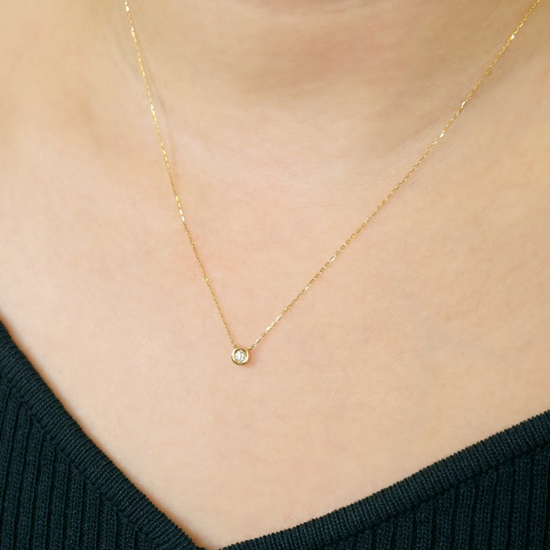 18K Diamond Bezel Design Solitaire Necklace (Yellow Gold) - Model Image