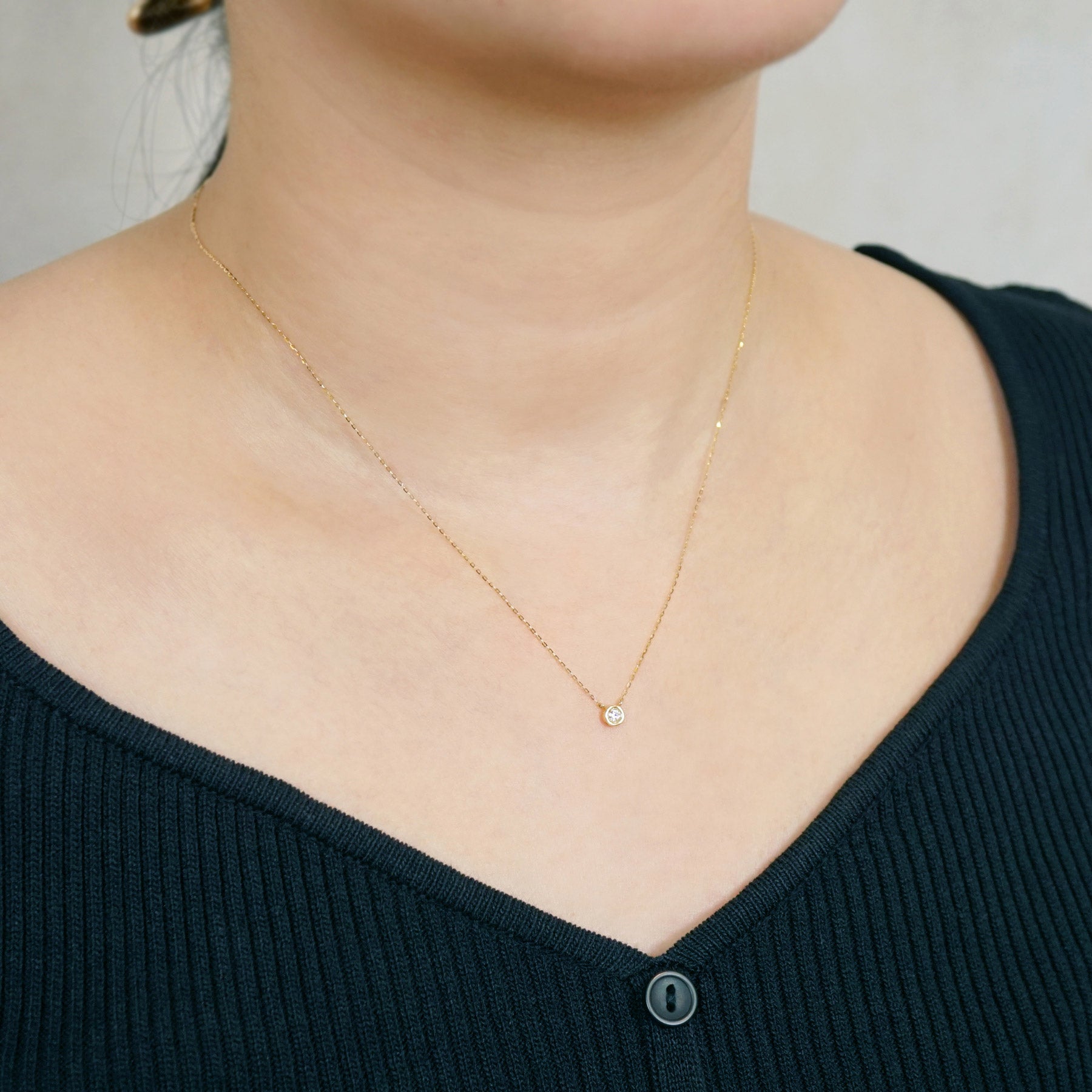 18K Diamond Bezel Design Solitaire Necklace (Yellow Gold) - Model Image