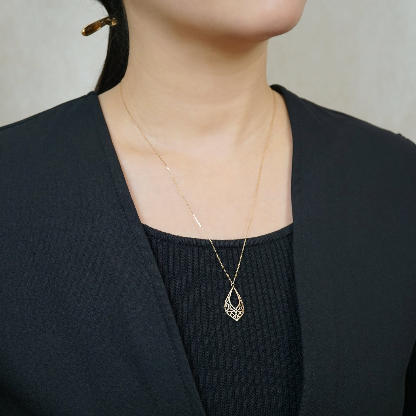 10K Open Work Leaf Design Necklace (Yellow Gold) - Model Image
