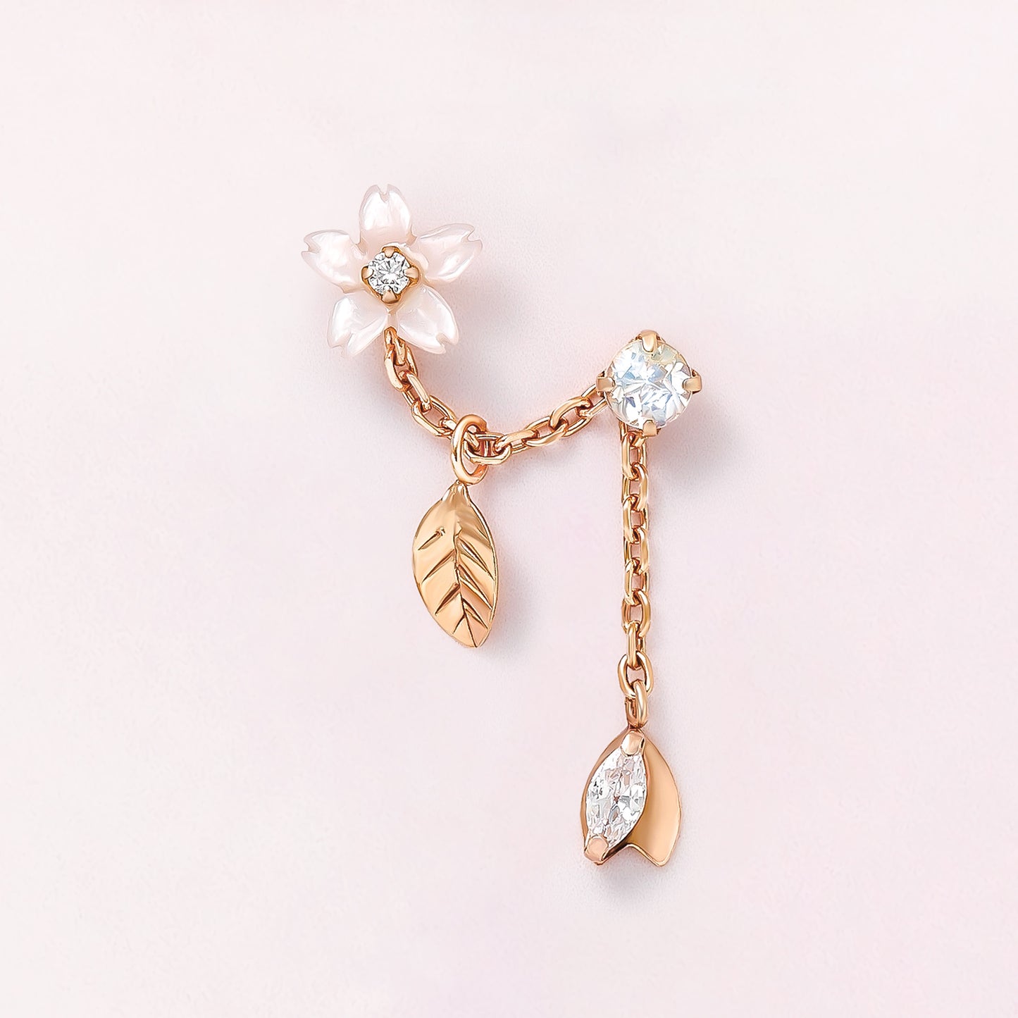 10K / 925 Sterling Silver Pink Shell Cherry Blossoms Double Piercing Chain Earrings - Product Image