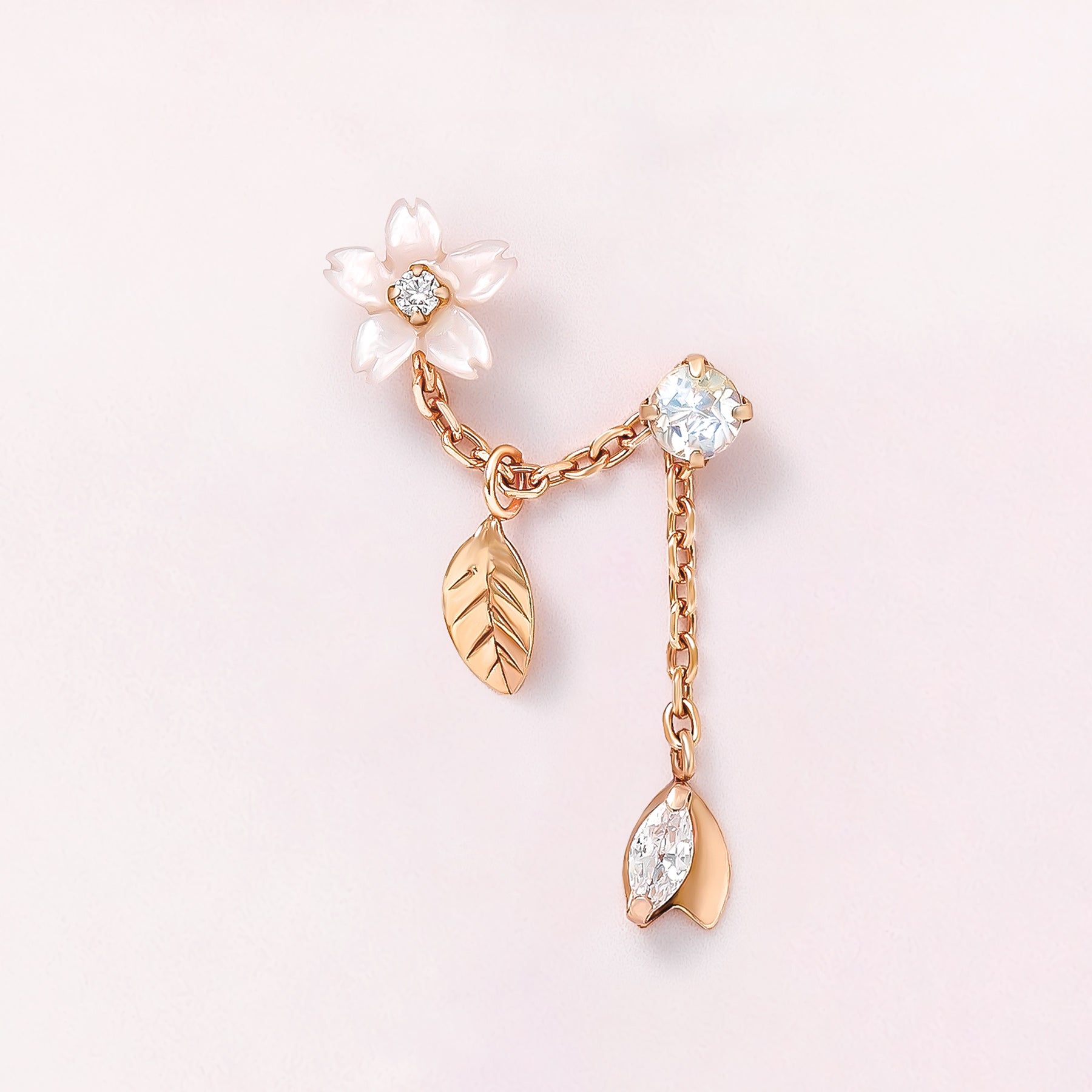 10K / 925 Sterling Silver Pink Shell Cherry Blossoms Double Piercing Chain Earrings - Product Image