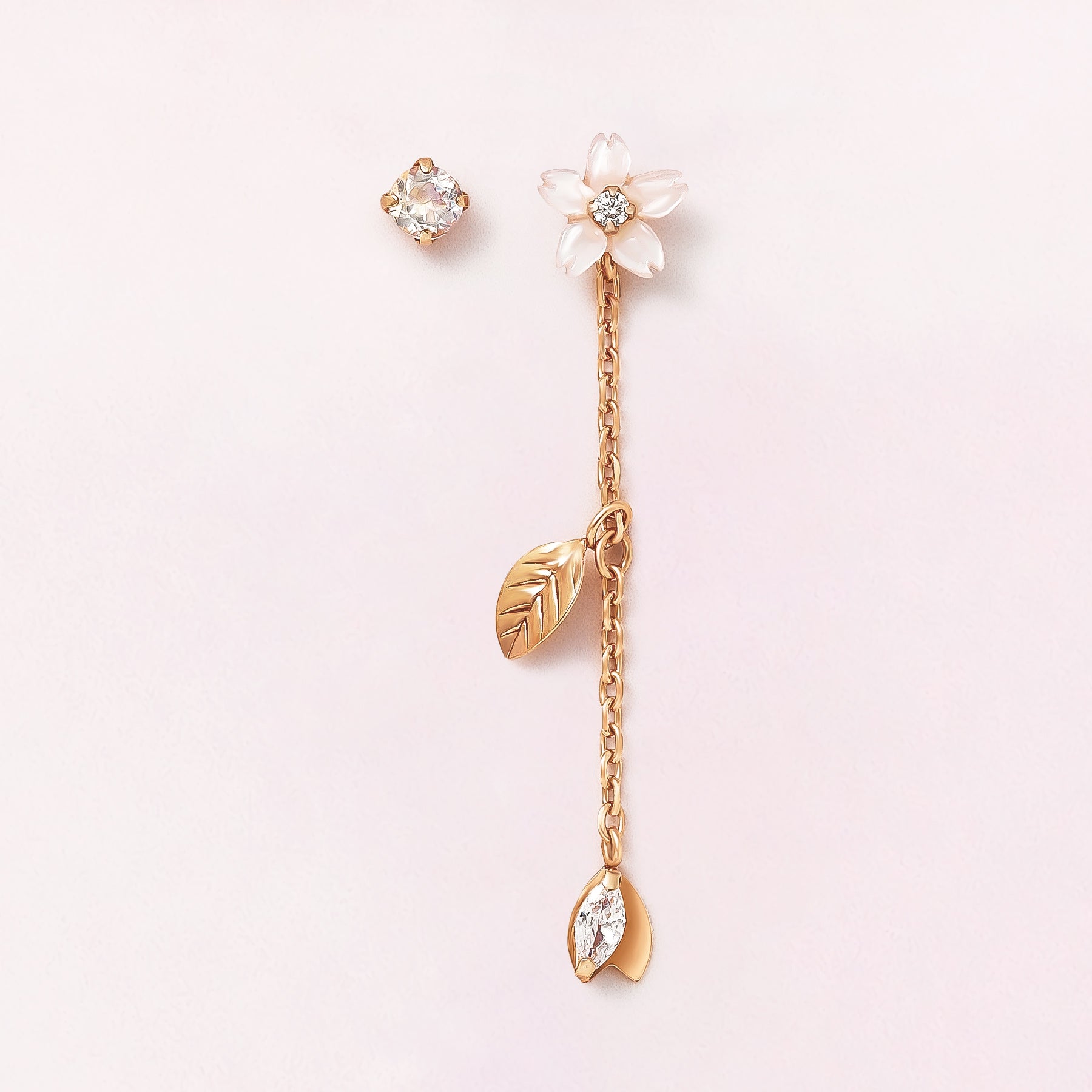 10K / 925 Sterling Silver Pink Shell Cherry Blossoms Double Piercing Chain Earrings - Product Image