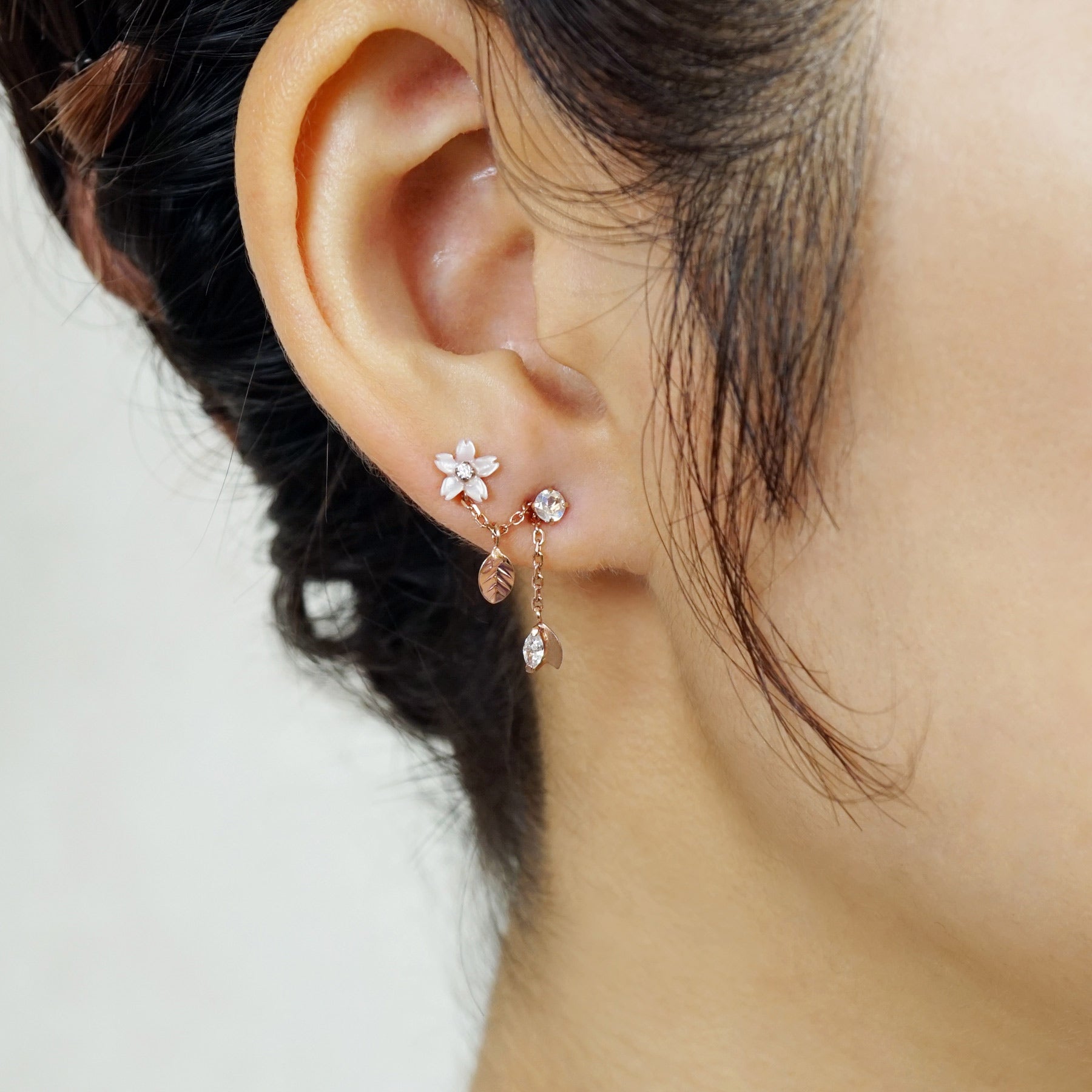 10K / 925 Sterling Silver Pink Shell Cherry Blossoms Double Piercing Chain Earrings - Model Image