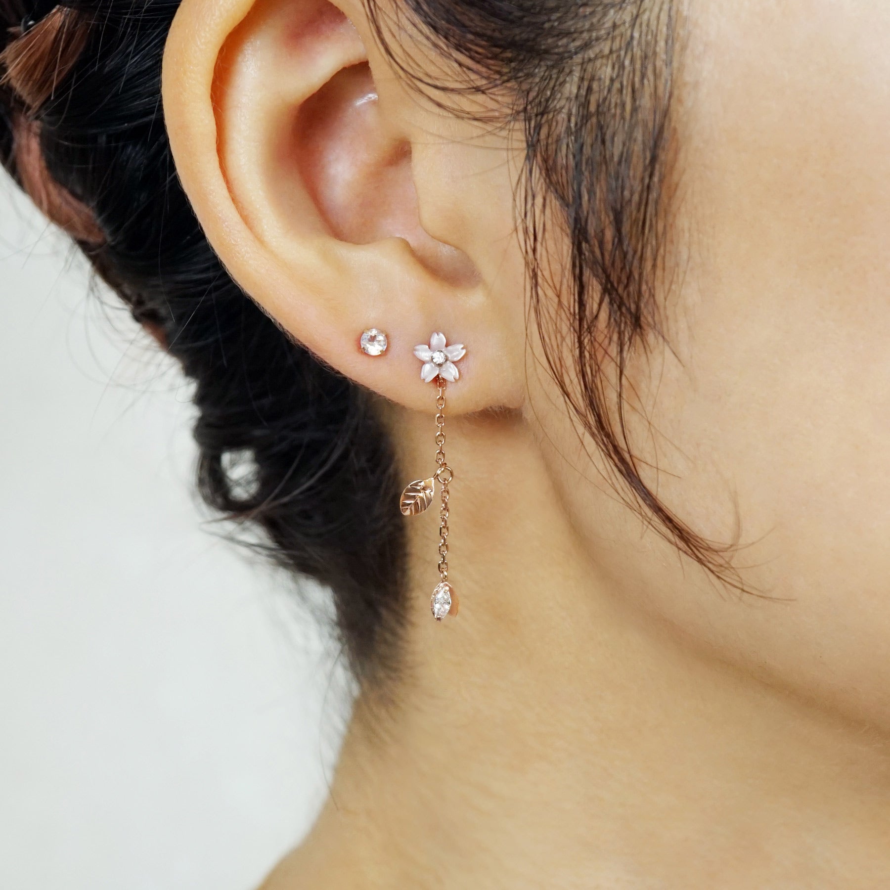 10K / 925 Sterling Silver Pink Shell Cherry Blossoms Double Piercing Chain Earrings - Model Image