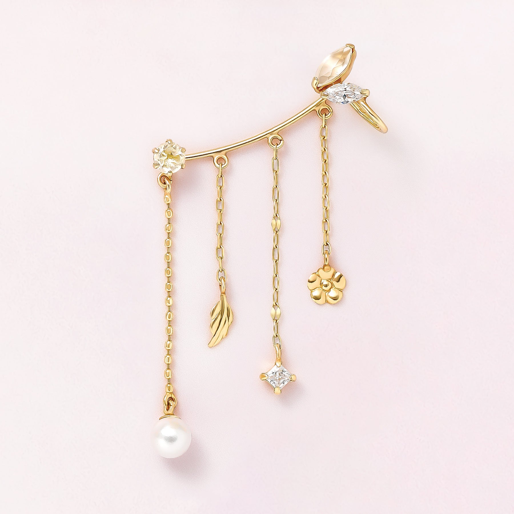 [Solo Earring] 18K/10K Moonstone Small Bird Chandelier Single Earring (Yellow Gold) - Product Image