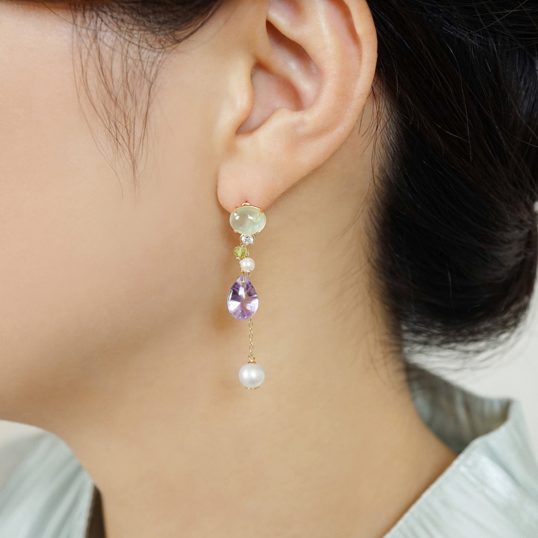 18K/10K 3WAY Earrings with Pearl Friction Backs (Yellow Gold) - Model Image
