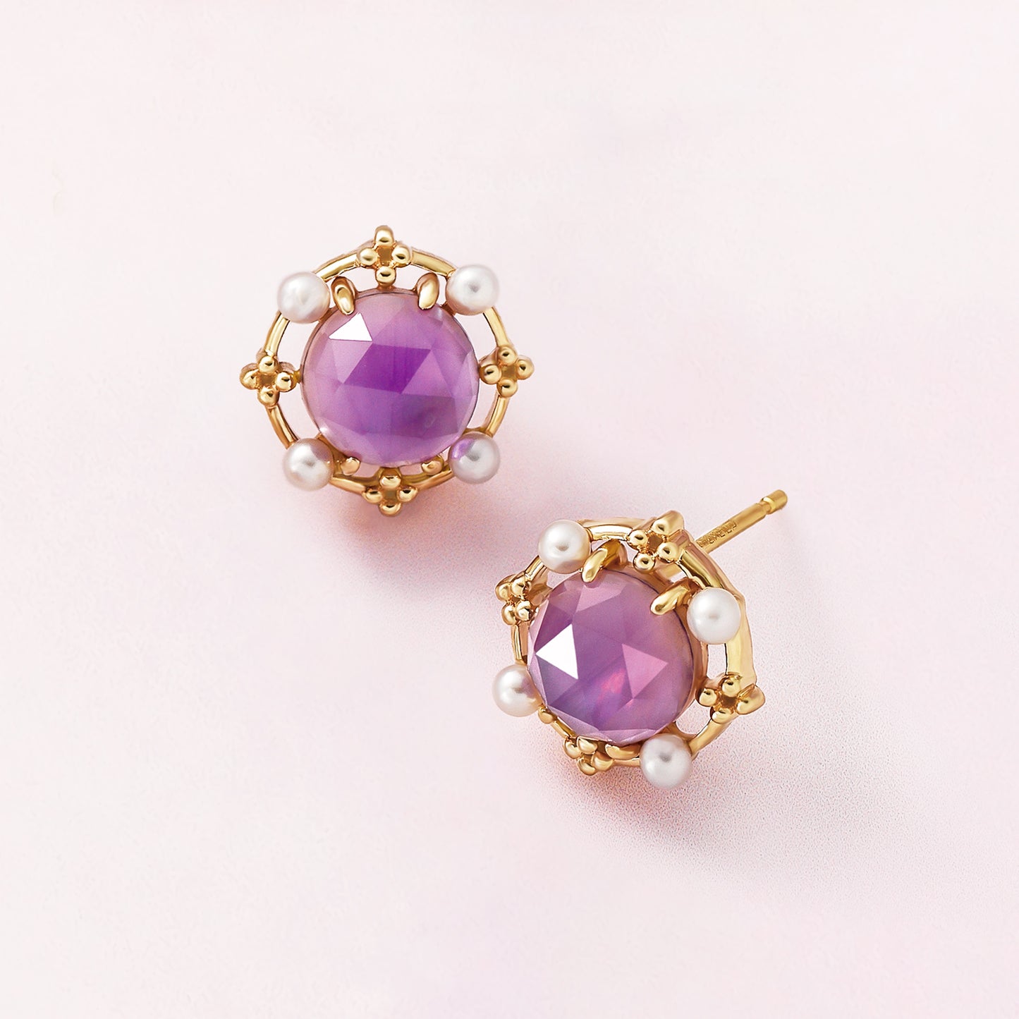 18K/10K Amethyst x Pink Shell Earrings (Yellow Gold) - Product Image