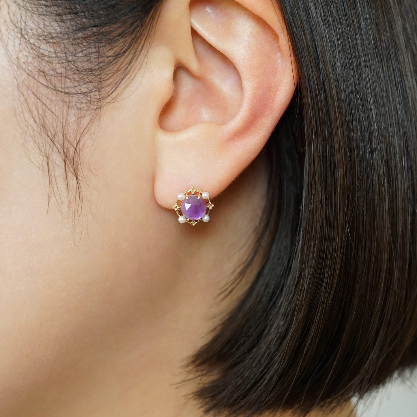 18K/10K Amethyst x Pink Shell Earrings (Yellow Gold) - Model Image