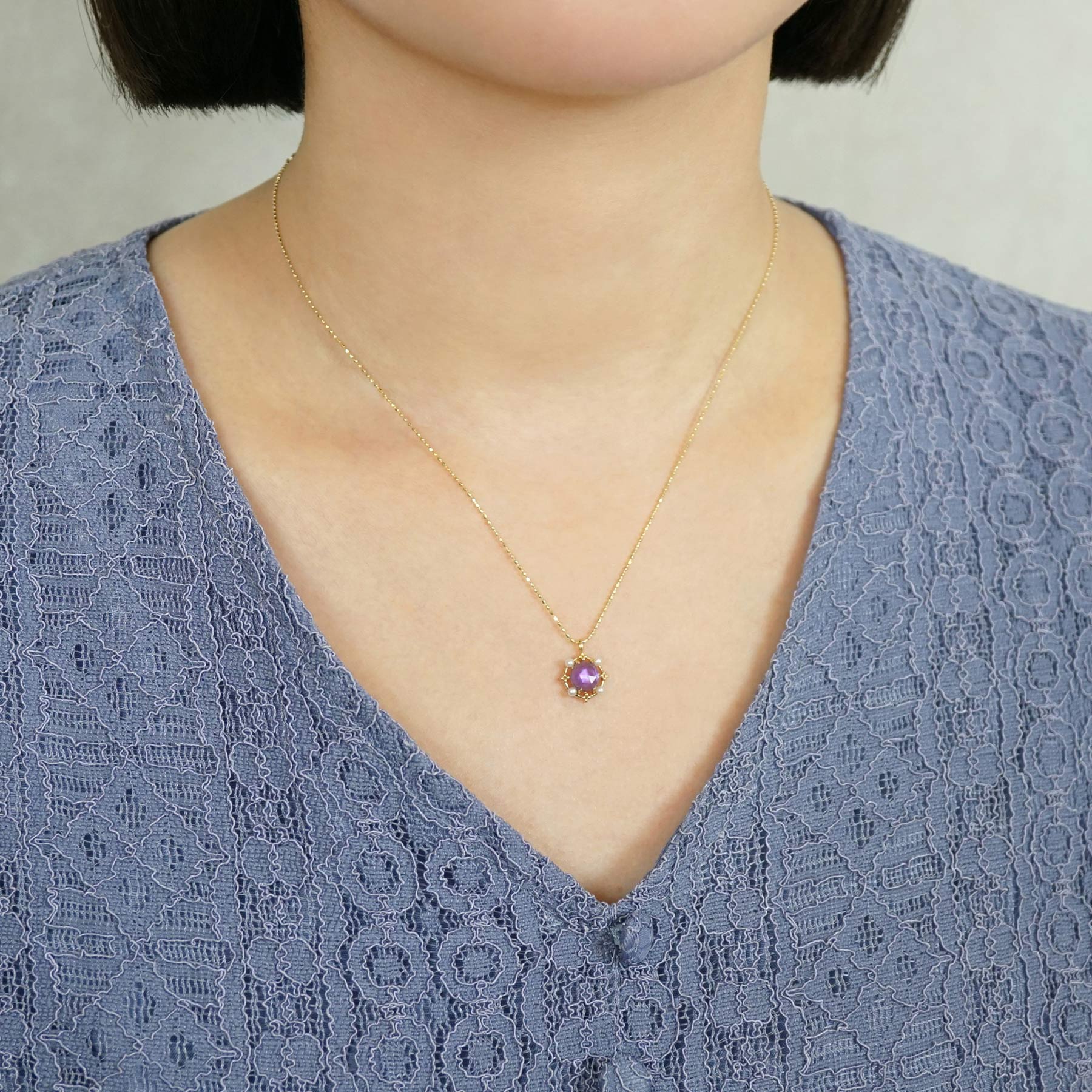 10K Amethyst x Pink Shell Necklace (Yellow Gold) - Model Image