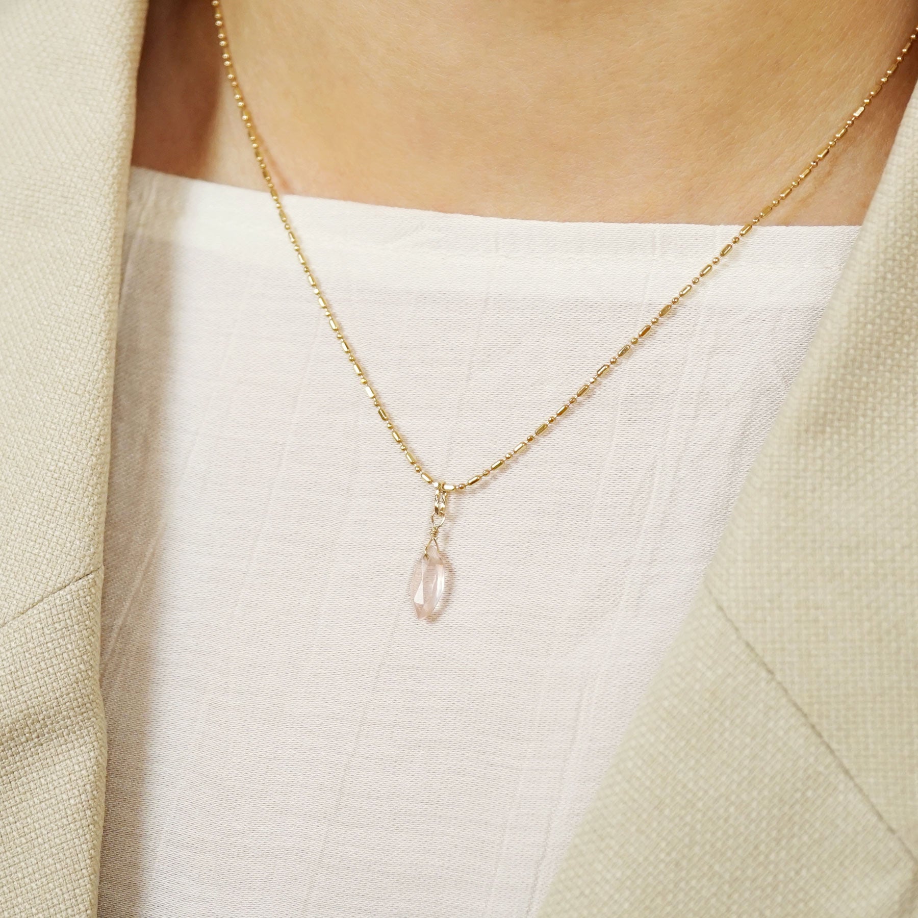 10K Rose Quartz Necklace Charm (Yellow Gold) - Model Image