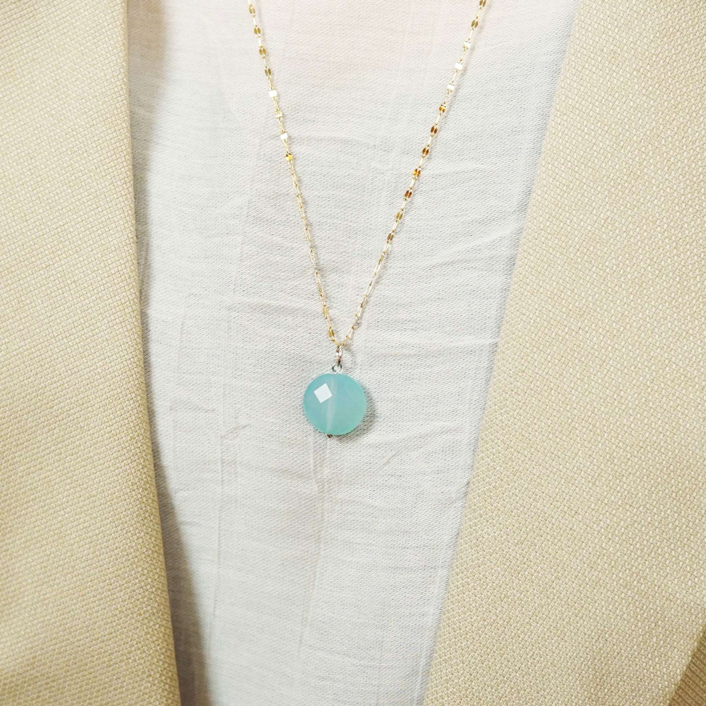 10K Sea Blue Chalcedony Necklace Charm (White Gold) - Model Image