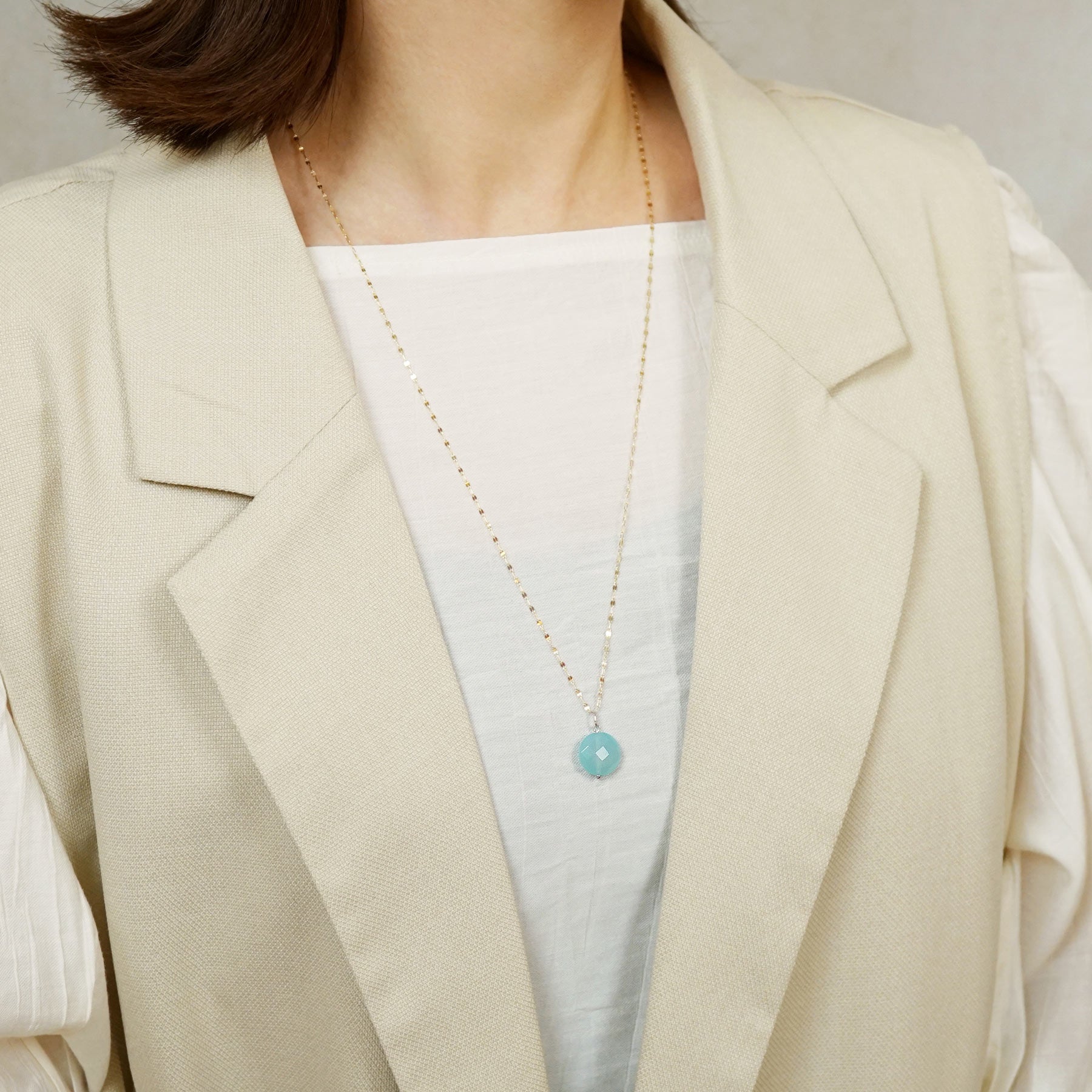 10K Sea Blue Chalcedony Necklace Charm (White Gold) - Model Image